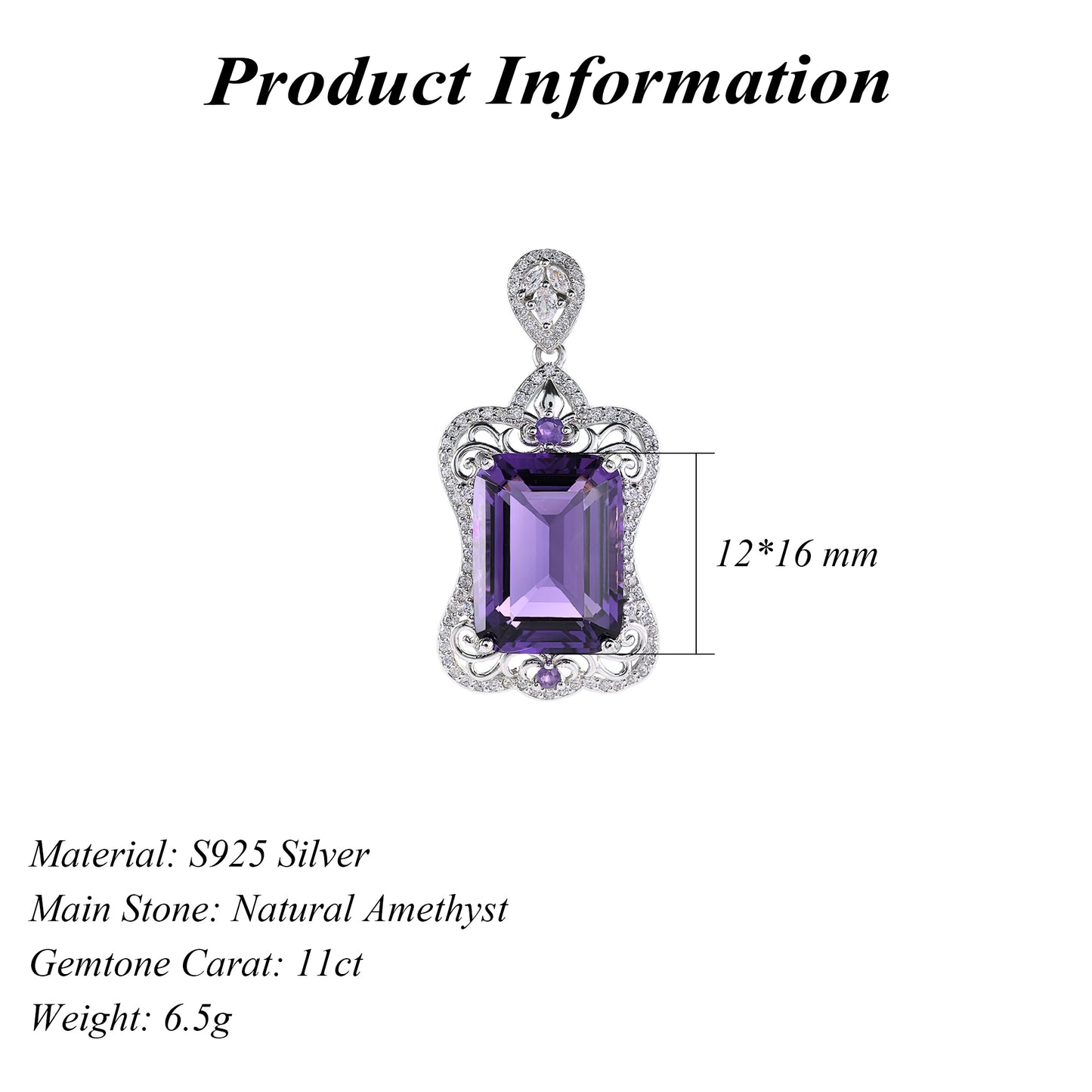 Unique Rhodium Plated 925 Sterling Silver Natural Amethyst Pendant