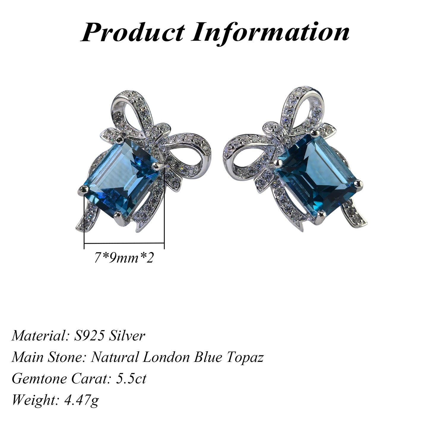 Elegant Rhodium Plated 925 Silver Jewelry Natural London Blue Topaz Bow Stud Earrings