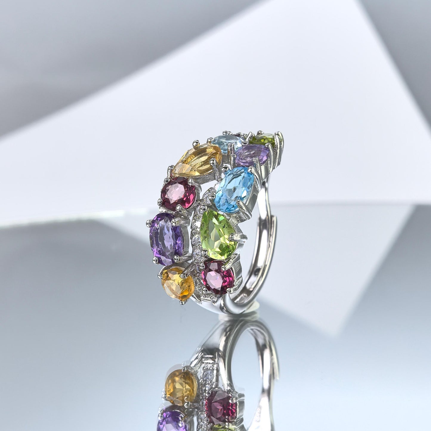 Gorgeous Rhodium Plated 925 Silver Jewelry Multiple Natural Gemstone Ring