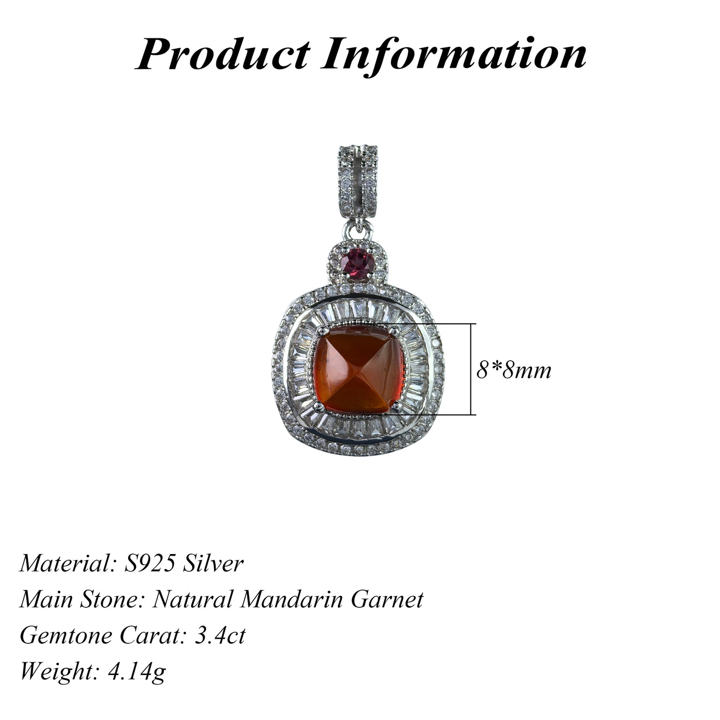 Graceful Rhodium Plated 925 Silver Jewelry Natural Mandarin Garnet Pendant