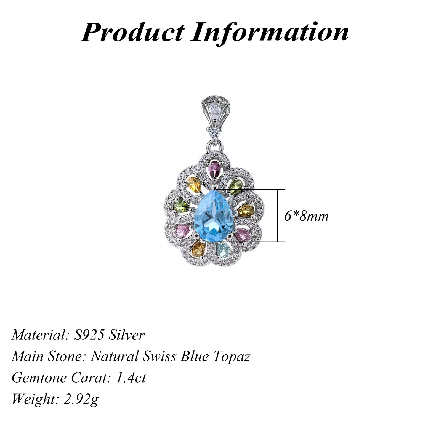 Gorgeous Rhodium Plated 925 Silver Natural Swiss Blue Topaz Pendant