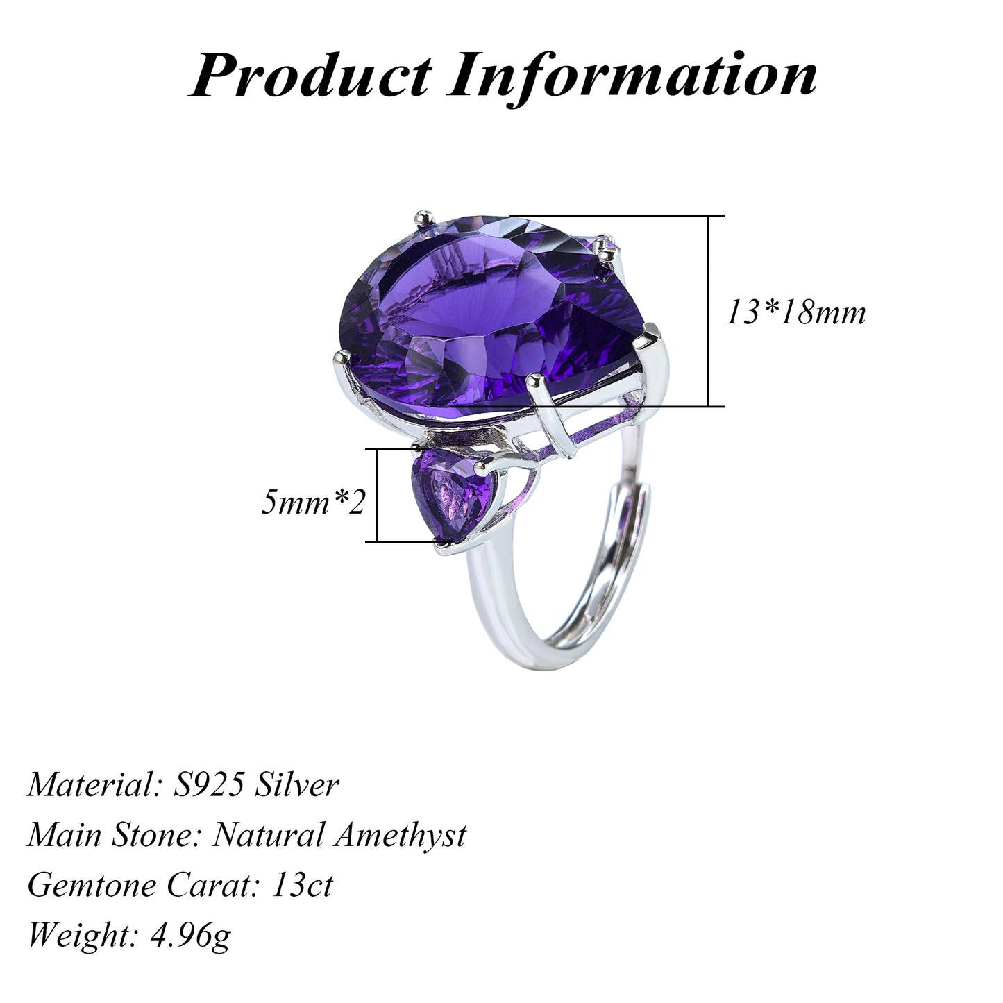 Shimmering Rhodium Plated Silver 925 Jewelry Natural Amethyst Ring