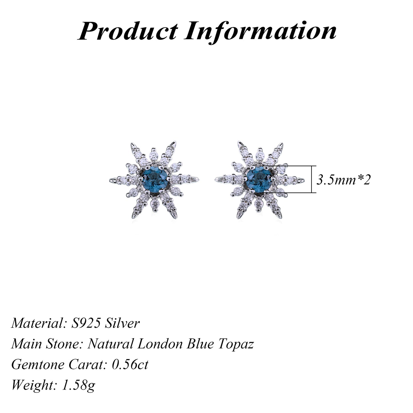 Sparkling Rhodium Plated Silver 925 Natural London Blue Topaz Snowflake Stud Earrings