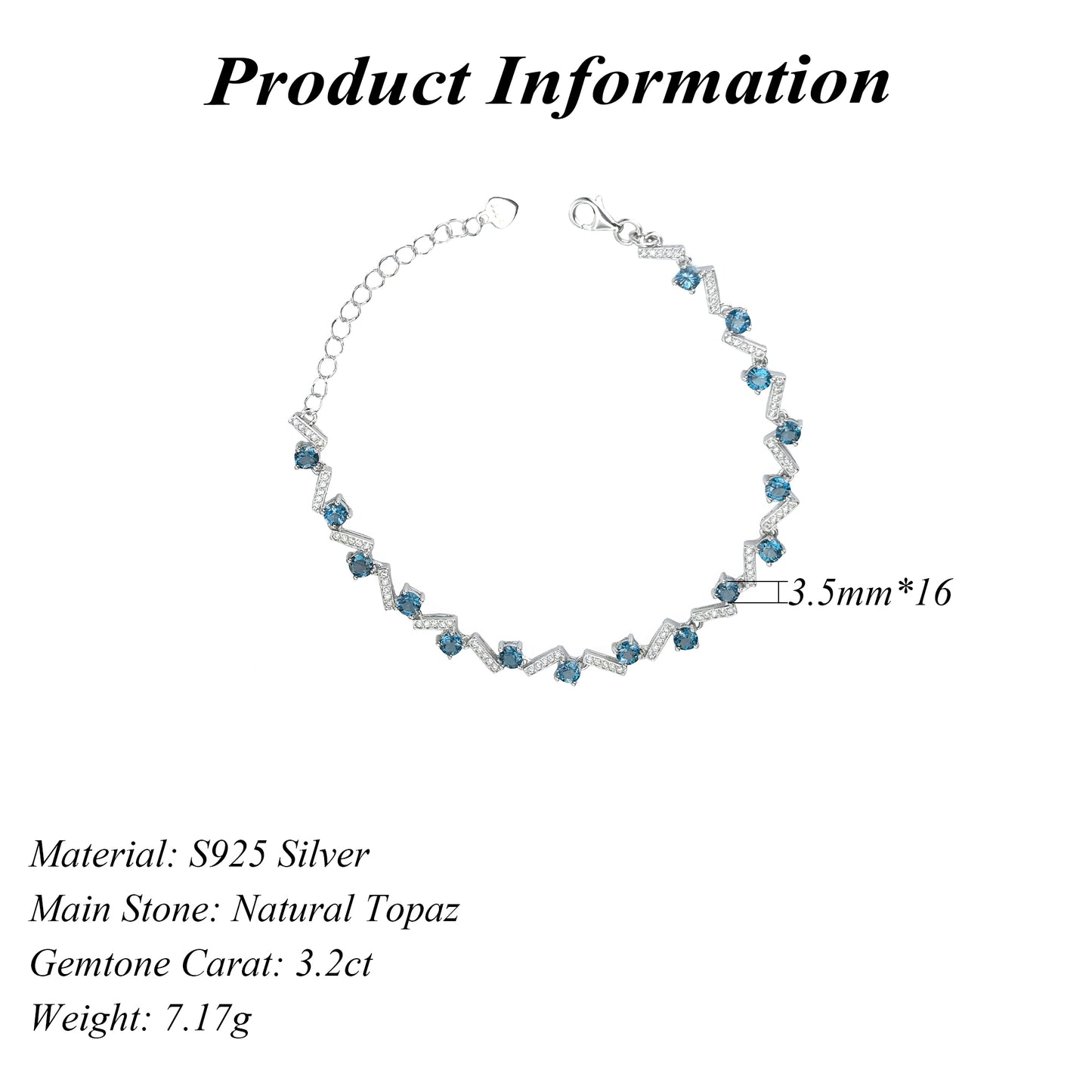 Unique Rhodium Plated Silver 925 Bracelet Natural London Blue Topaz