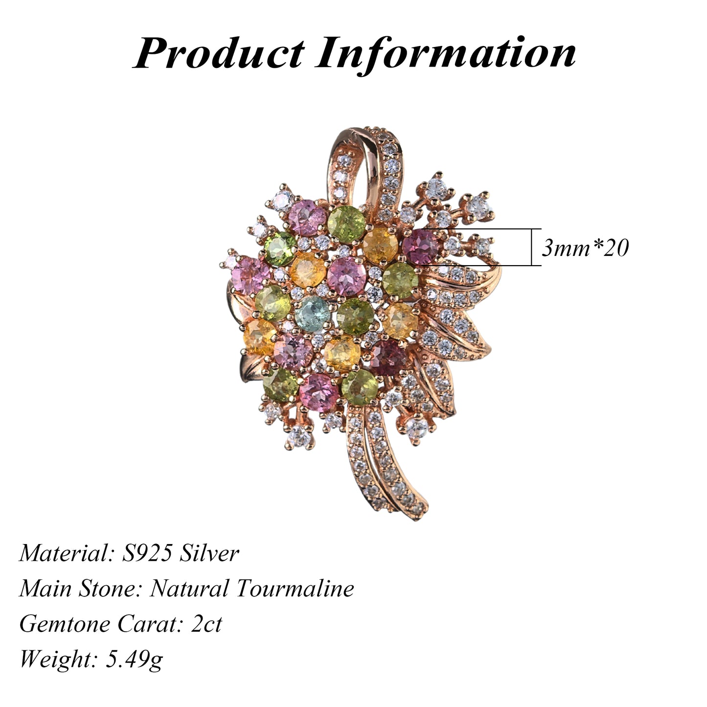 Dazzling Rose Gold Plated 925 Silver Fine Jewelry Natural Tourmaline Brooch