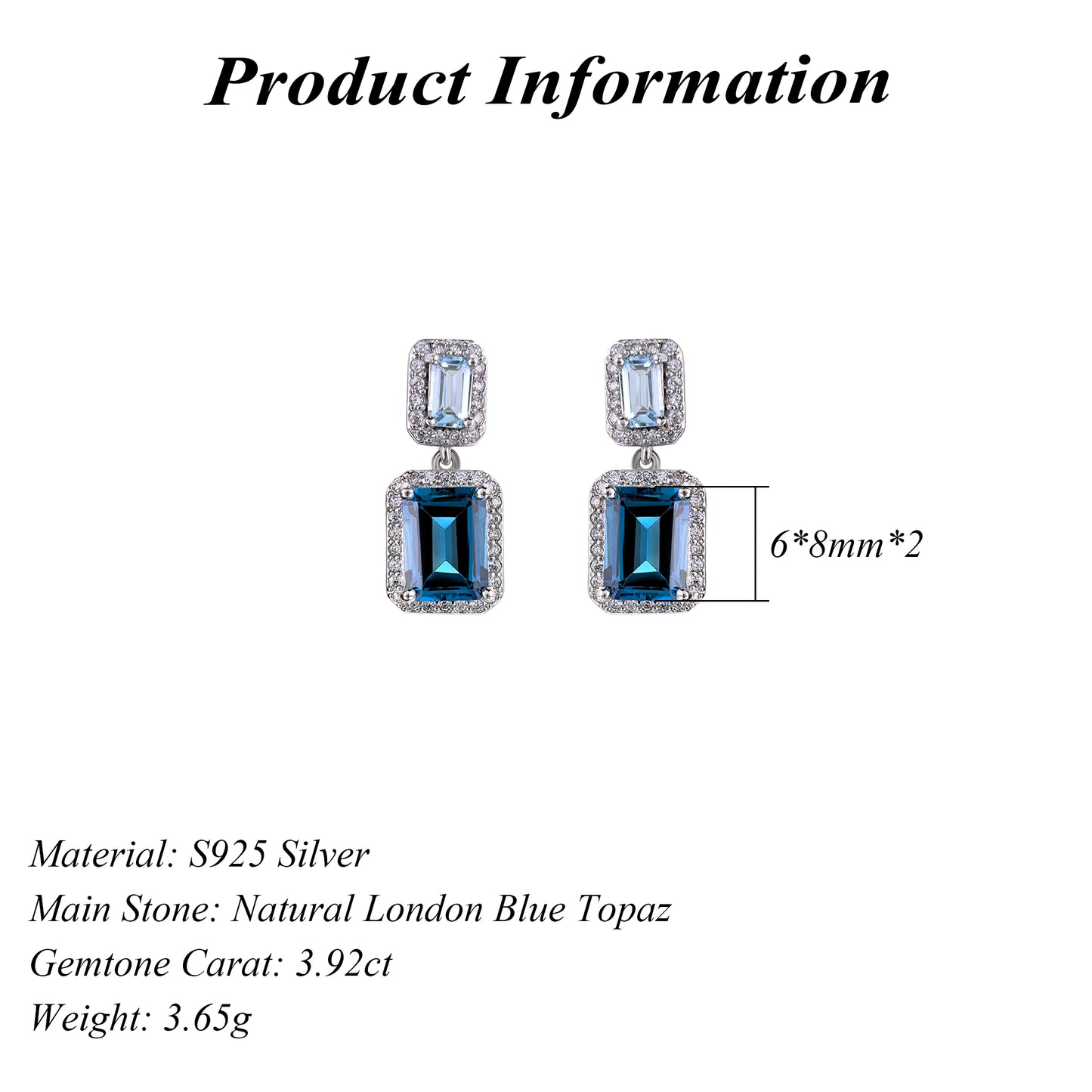 Rhodium Plated S925 Silver Jewelry Emerald Cut Natural London Blue Topaz Drop Earrings