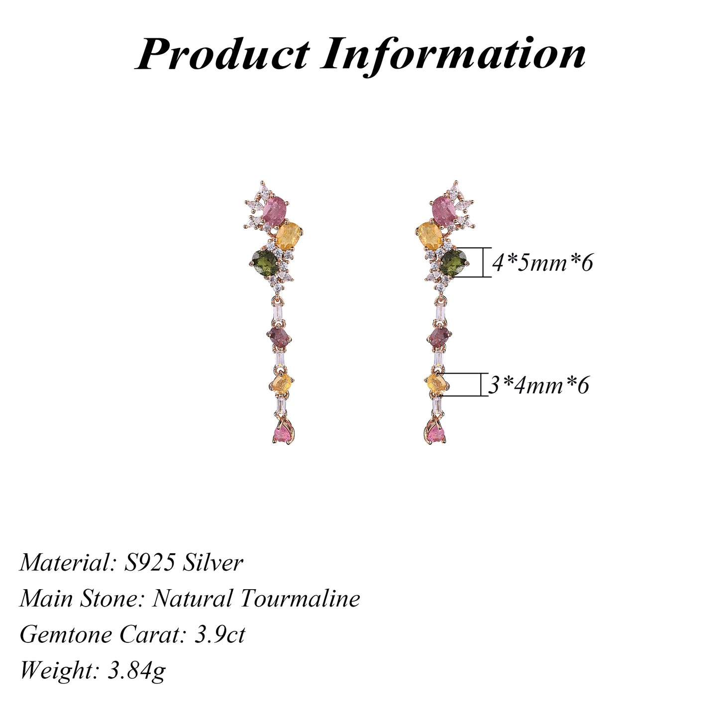 Elegant Rose Gold Plated 925 Sterling Silver Natural Tourmaline Drop Earrings