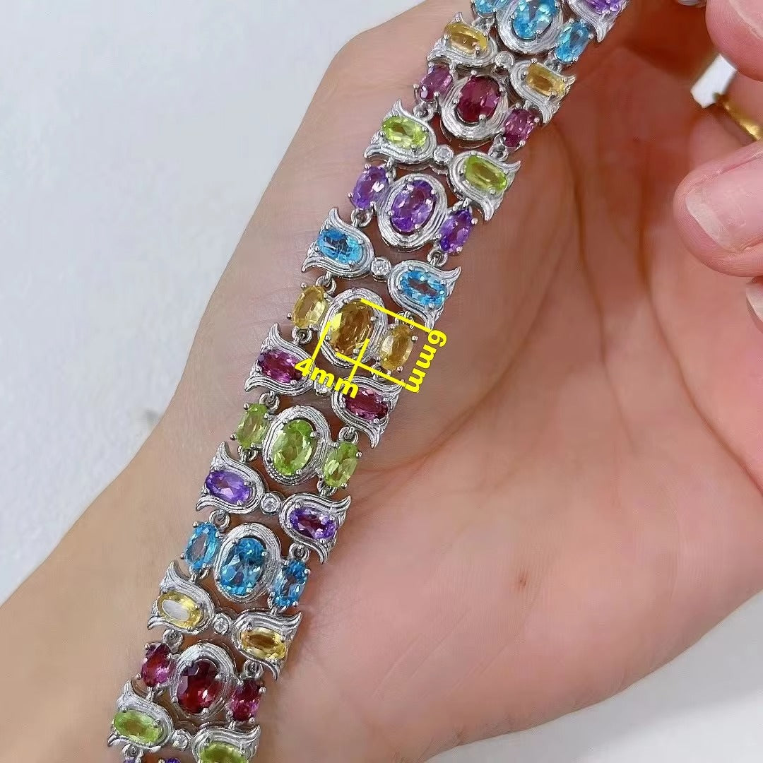 Women's Delicate Rhodium Plated Silver 925 Bracelet with Multiple Natural Gemstones Fine Jewelry for Parties and Gifts