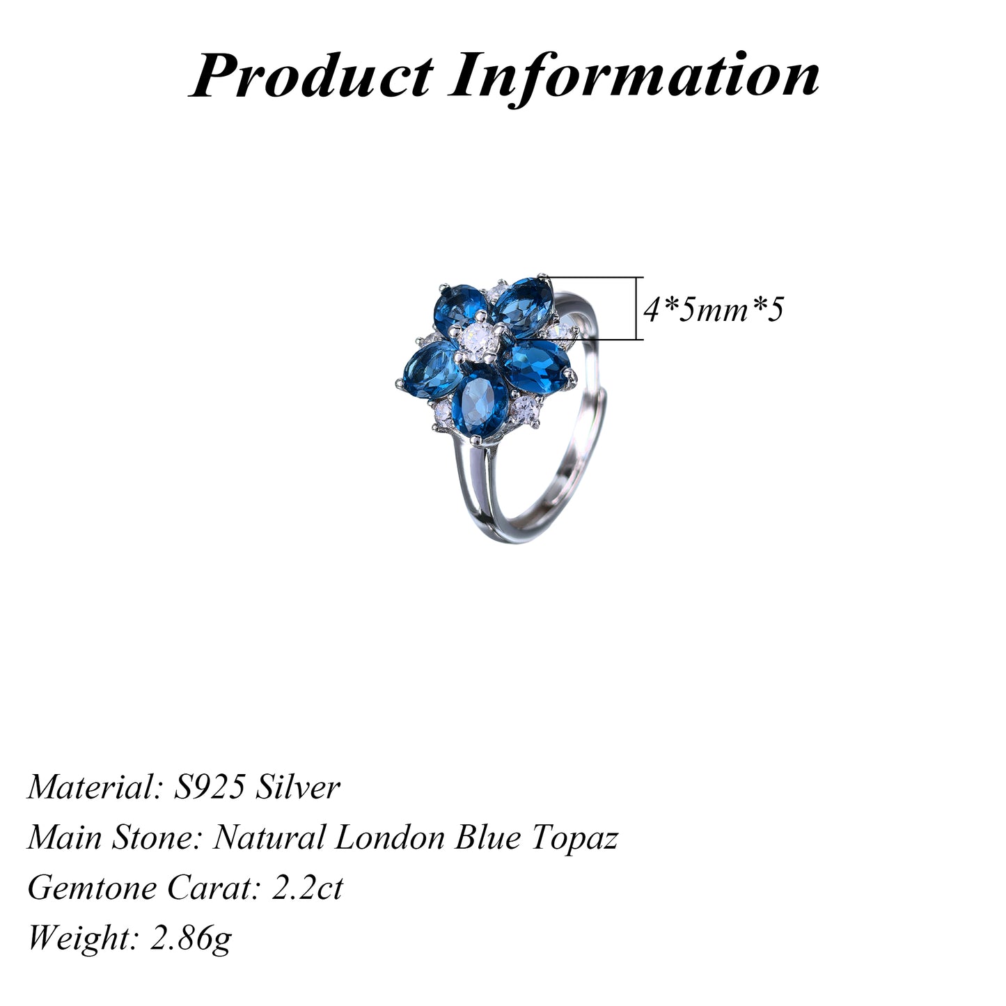 Elegant Rhodium Plated Silver 925 Jewelry Natural London Blue Topaz Flower Ring