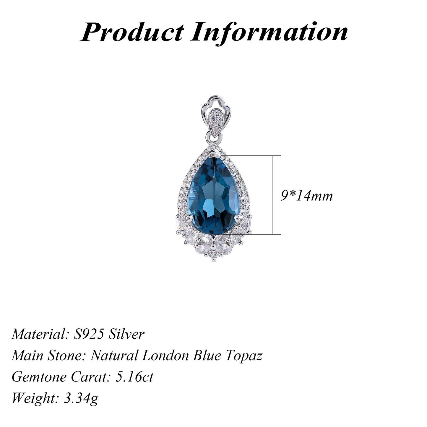 Graceful Rhodium Plated Silver 925 Jewelry Natural London Blue Topaz Pendant