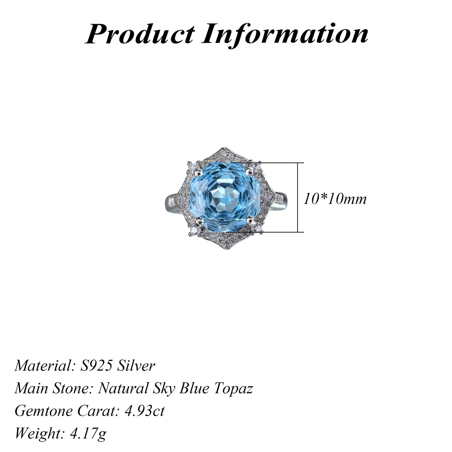 Dazzling Rhodium-Plated 925 Silver Gemstone Ring with Natural Sky Blue Topaz
