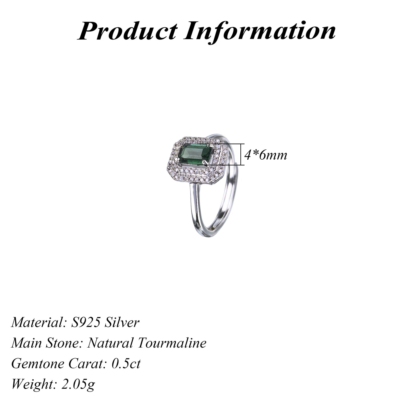 Exquisite 925 Silver Jewelry Ring Rhodium Plated with Natural Tourmaline