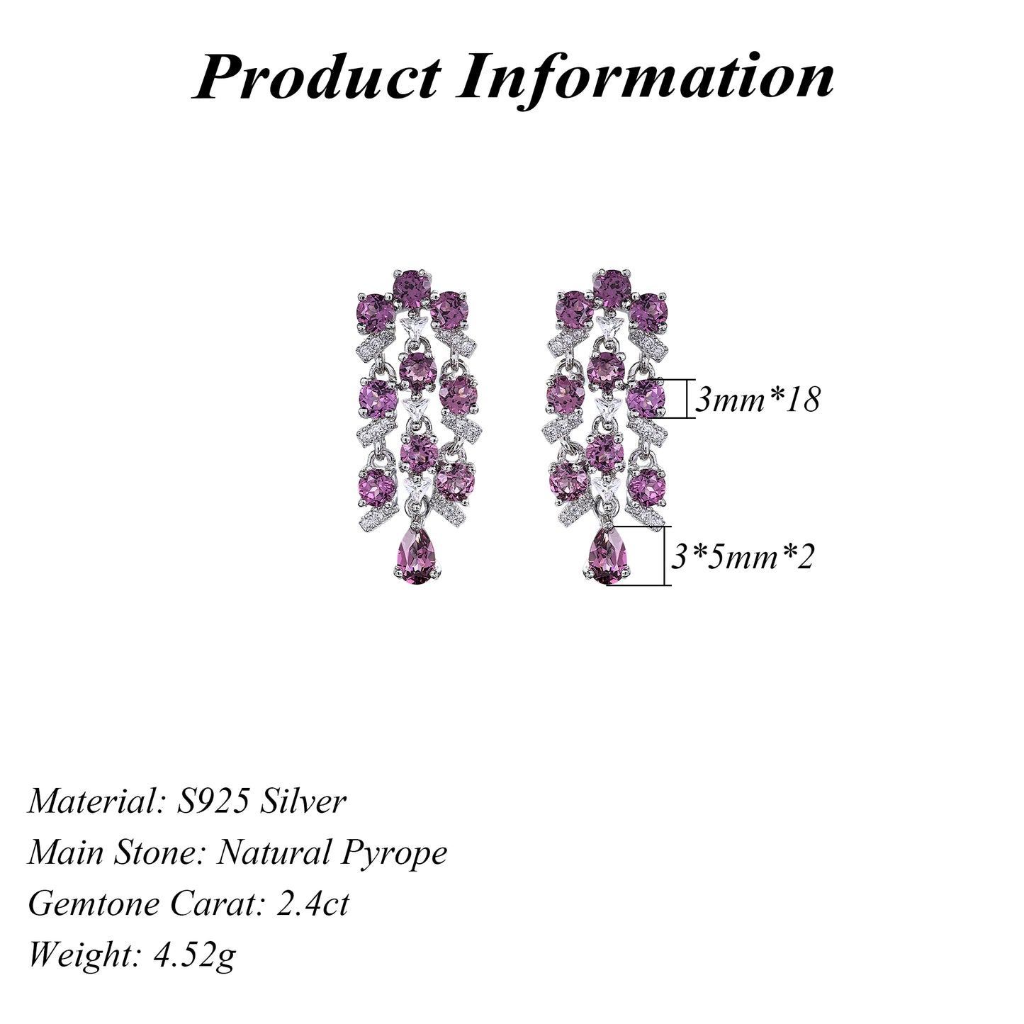 Glittering Rhodium Plated 925 Silver Jewelry Natural Pyrope Drop Earrings