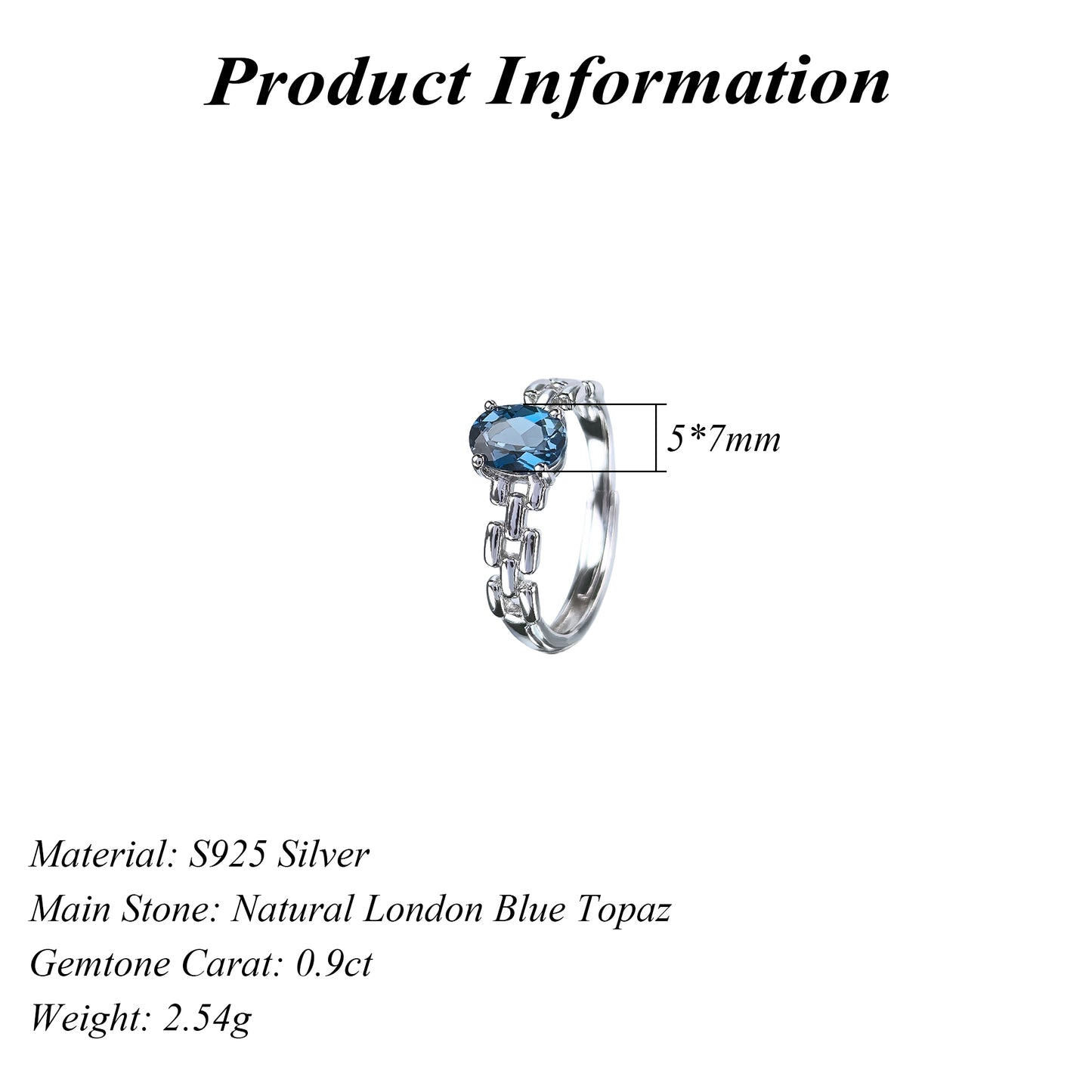 Rhodium Plated 925 Silver Oval Cut Natural London Blue Topaz Ring