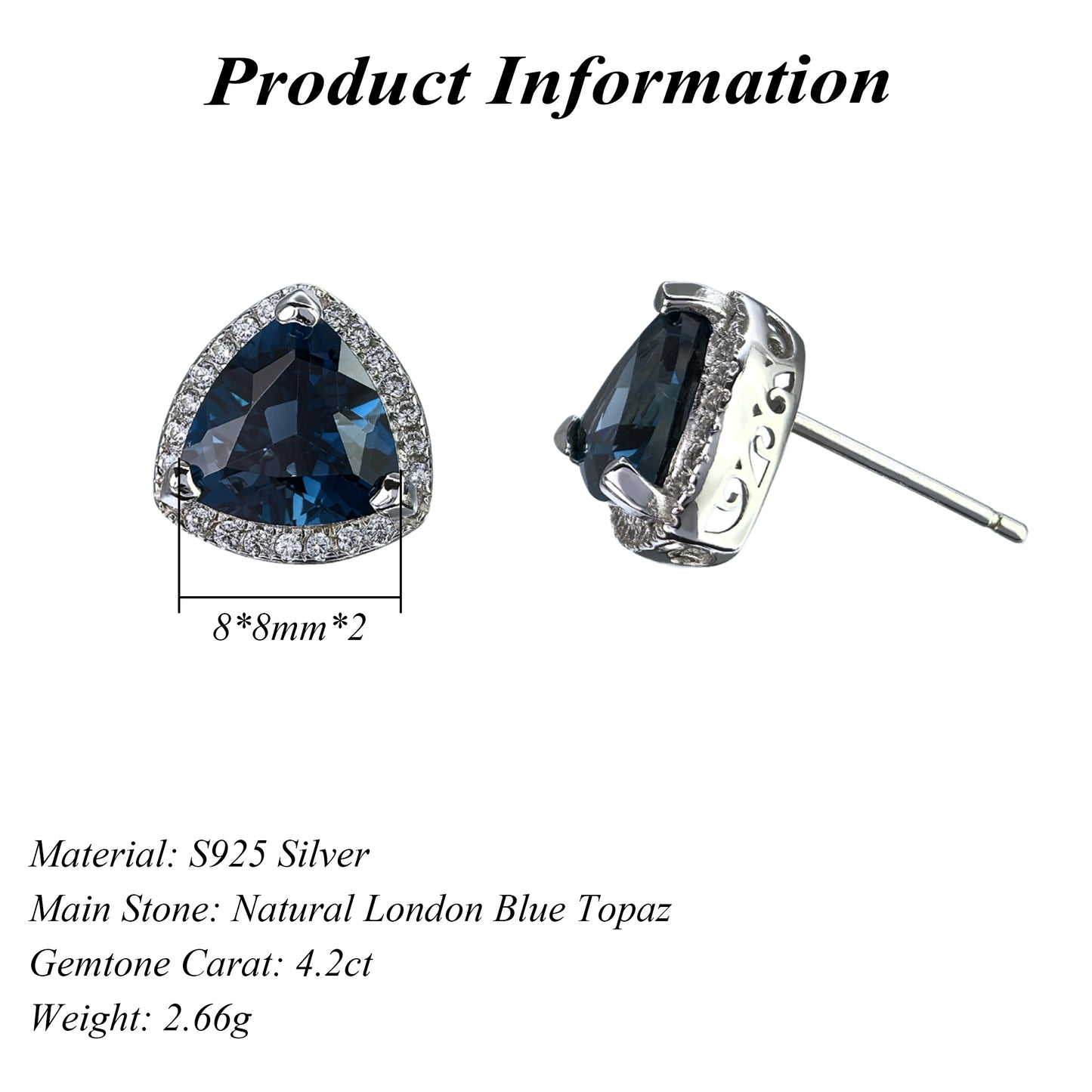Charming Rhodium Plated 925 Silver Natural London Blue Topaz Stud Earrings