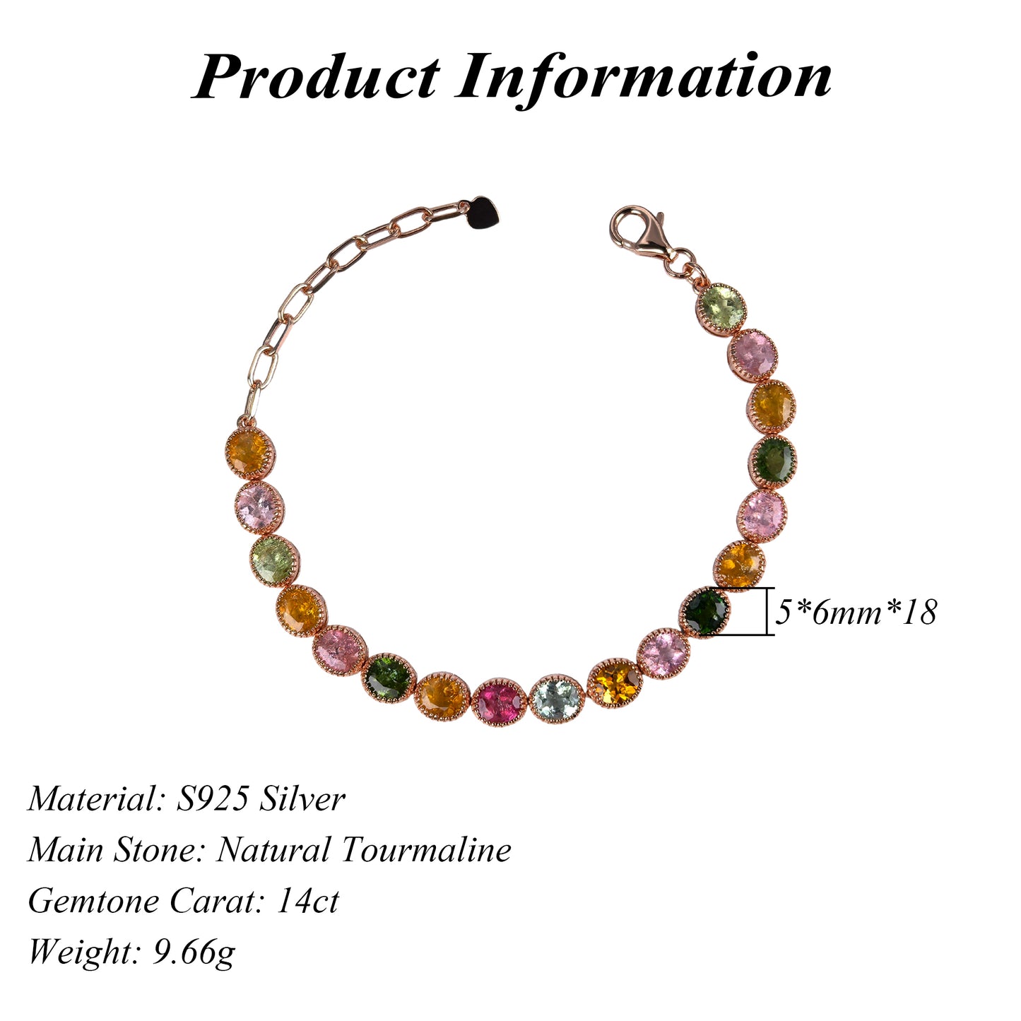 Delicate Rose Gold Plated Silver 925 Jewelry Natural Tourmaline Bracelet