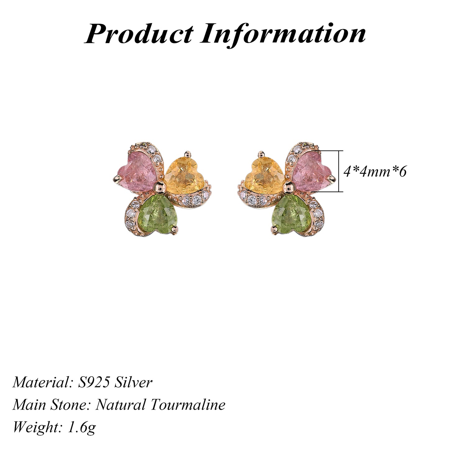 Delicate Rose Gold Plated 925 Sterling Silver Natural Tourmaline Clover Stud Earrings