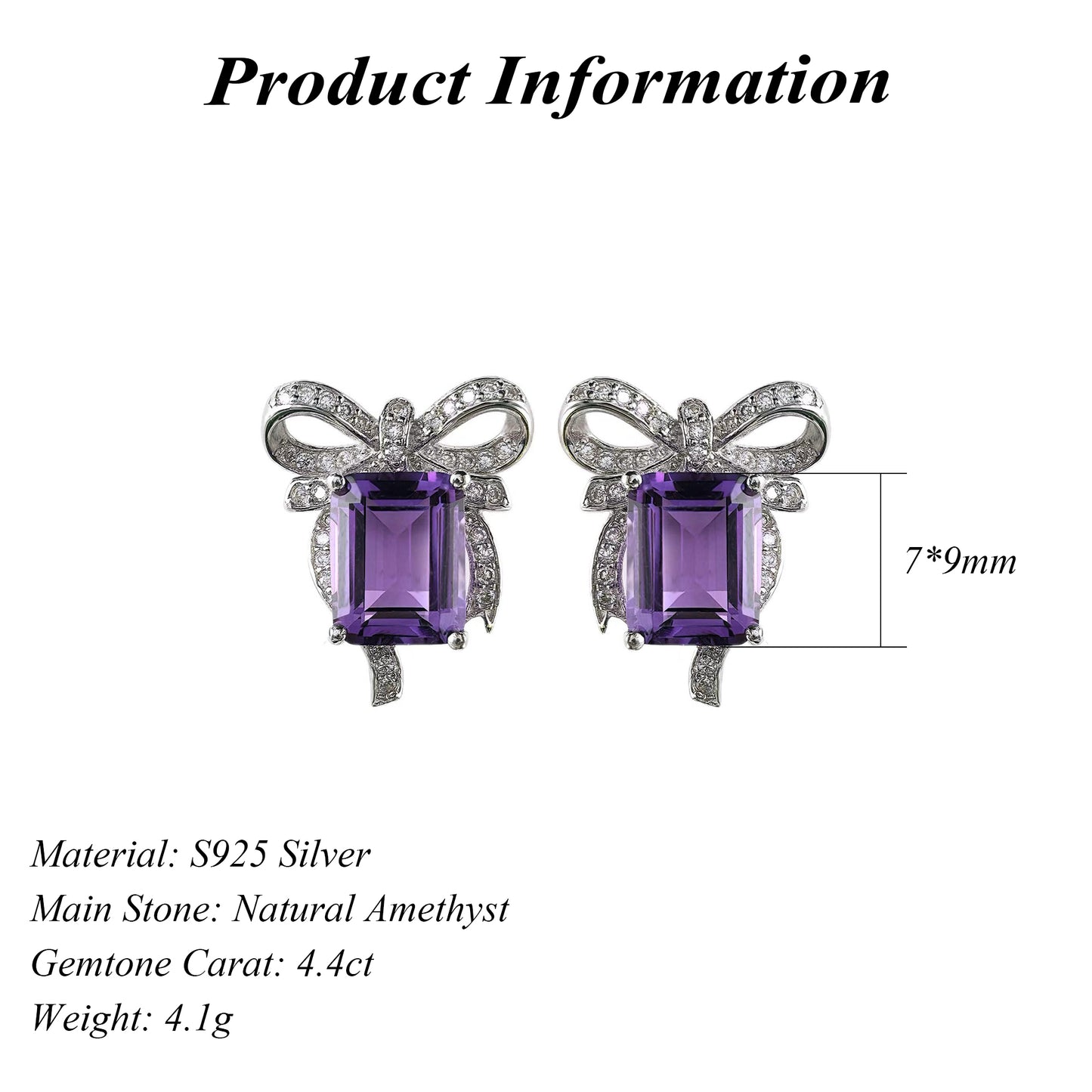 Romantic Rhodium-Plated 925 Sterling Silver Natural Amethyst Bow Stud Earrings