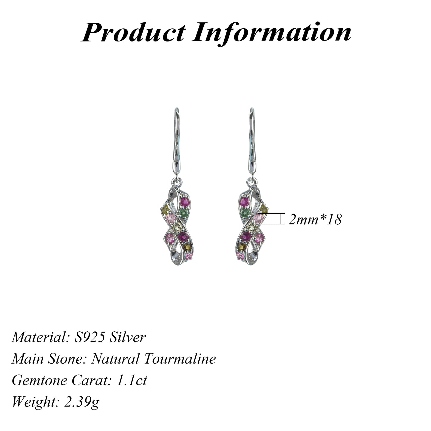 Elegant 925 Silver Drop Earrings Rhodium Plated Natural Tourmaline