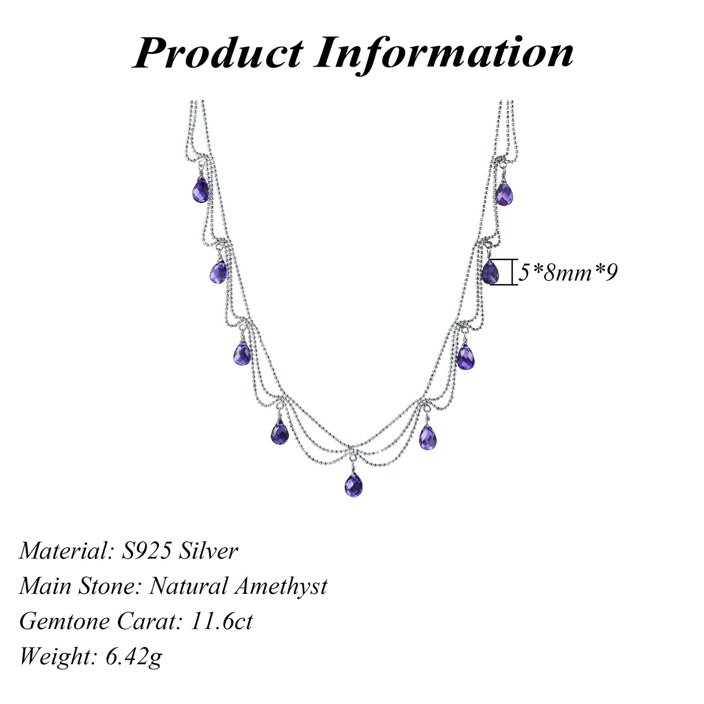 Elegant Rhodium Plated Silver 925 Jewelry Natural Amethyst Necklace