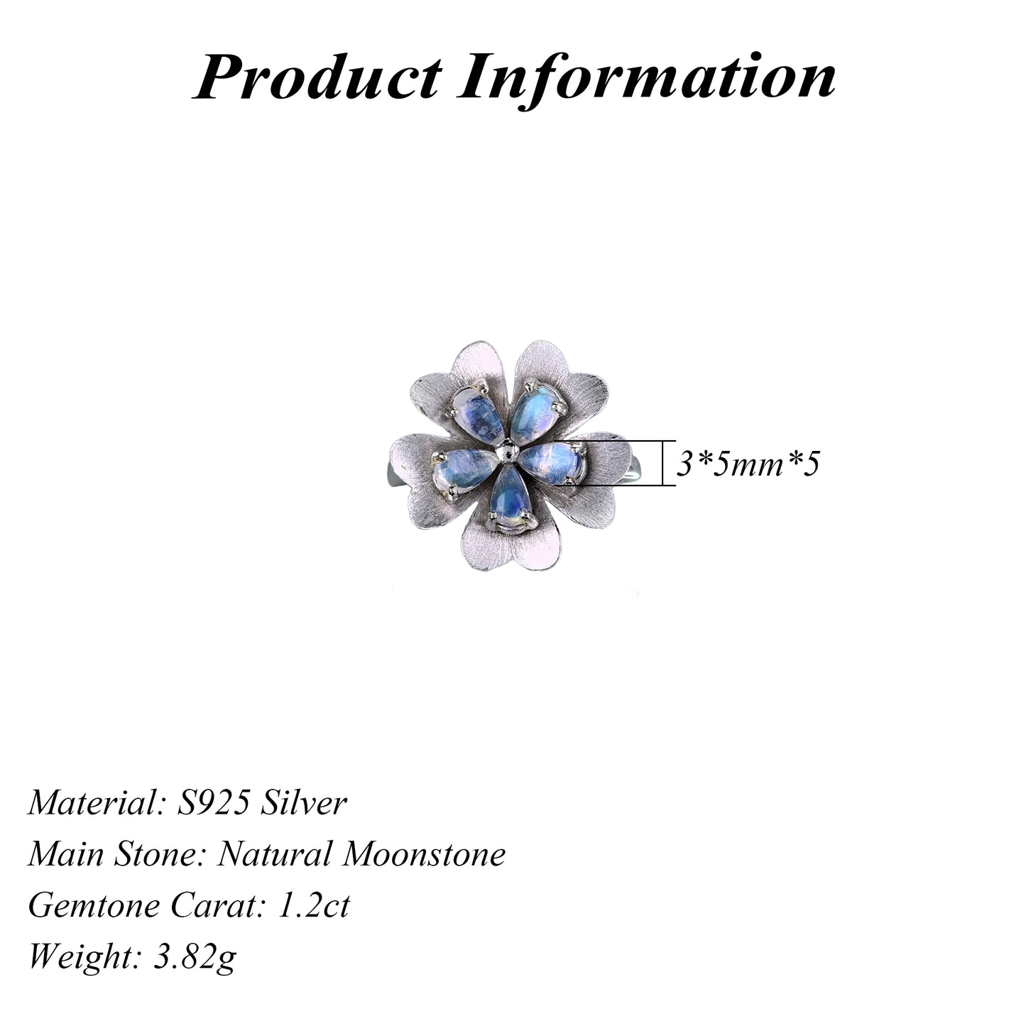 Elegant 925 Silver Jewelry Rhodium Plated Natural Moonstone Flower Ring