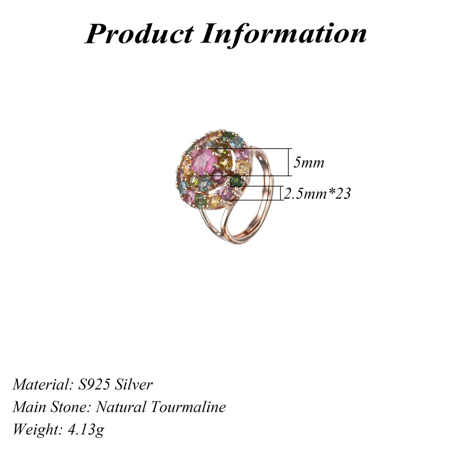 Delicate Rose Gold Plated Silver 925 Jewelry Natural Tourmaline Ring