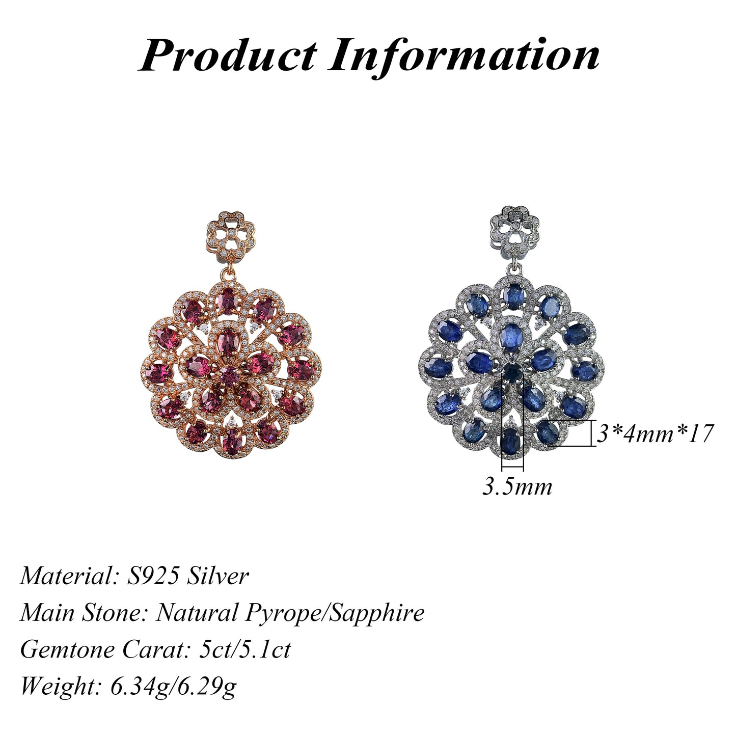 Elegant Rhodium/Rose Gold Plated 925 Silver Natural Pyrope/Sapphire Flower Pendant