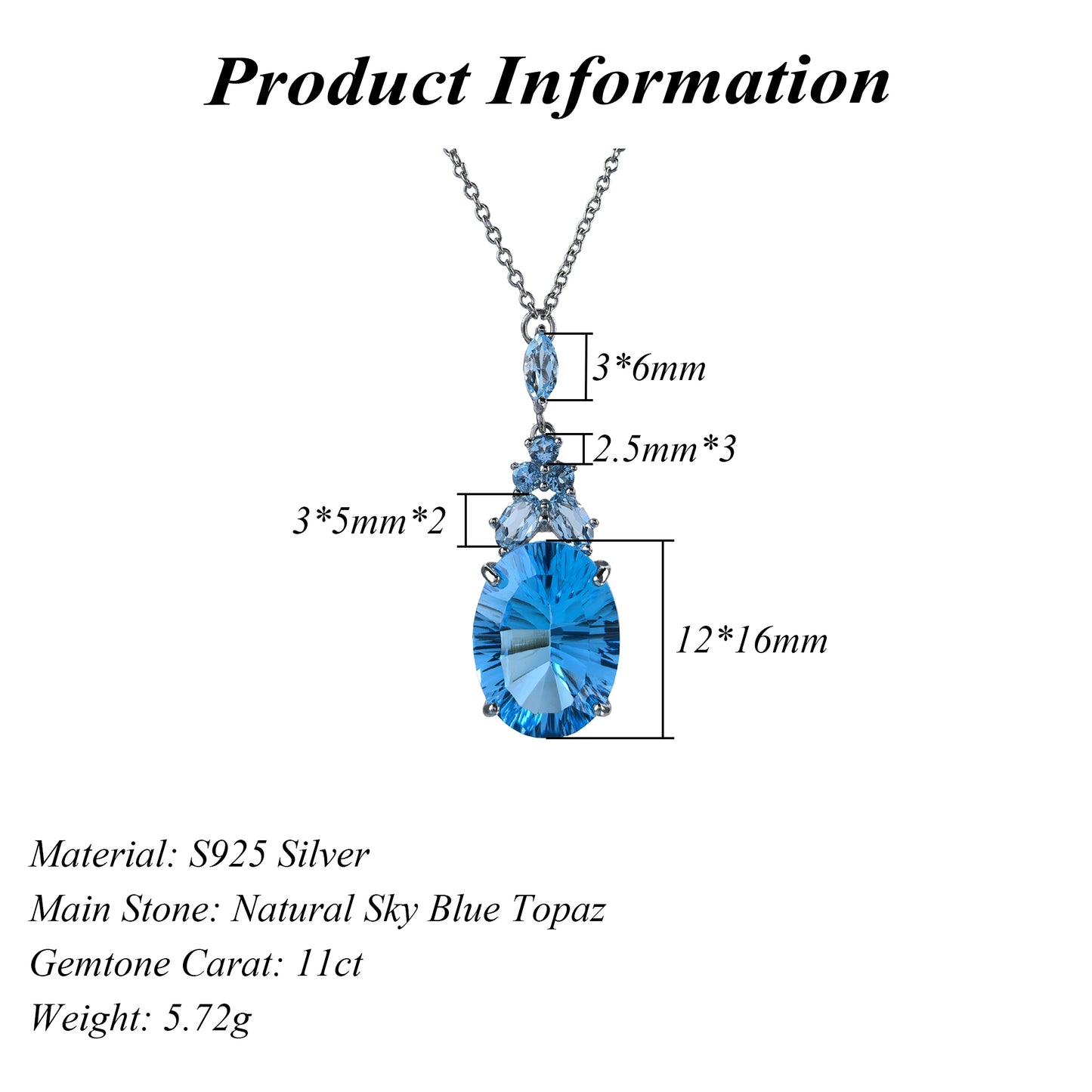 Elegant Rhodium Plated Silver 925 Jewelry Natural Sky Blue Topaz Necklace
