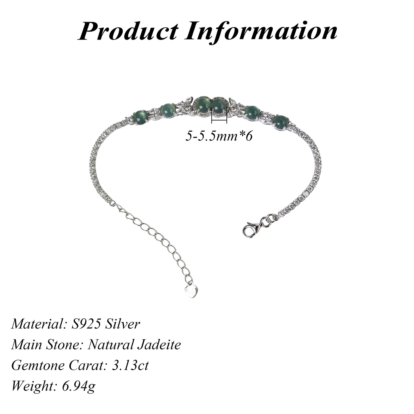 Elegant Rhodium Plated Silver 925 Jewelry Natural Jadeite Bracelet