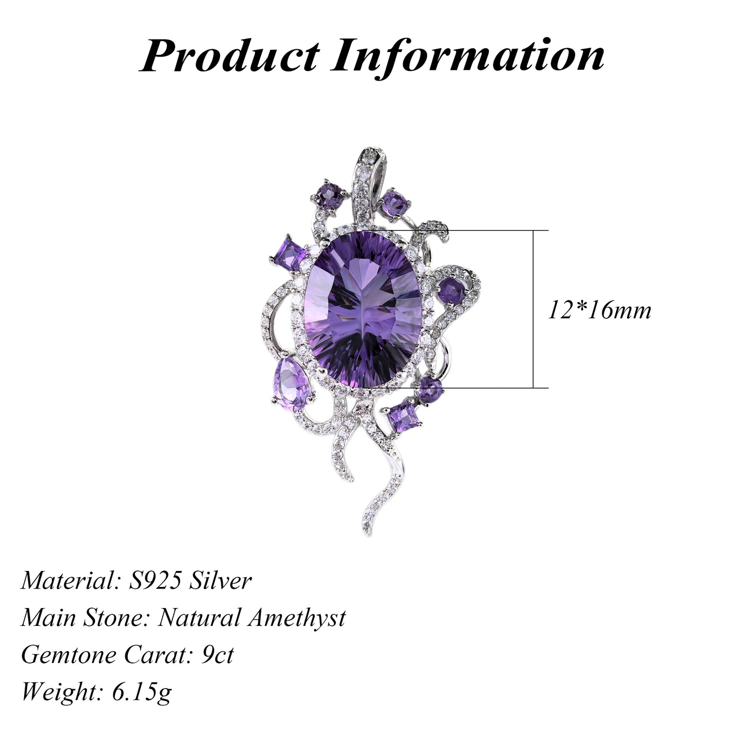 Unique Rhodium Plated Silver 925 Jewelry Natural Amethyst Pendant
