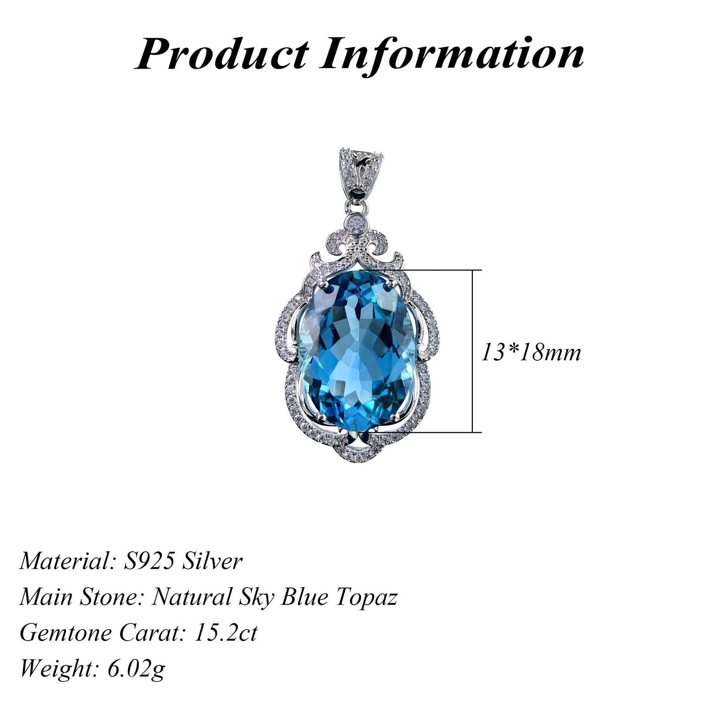 Noble Rhodium Plated Silver 925 Sky Blue Topaz Pendant