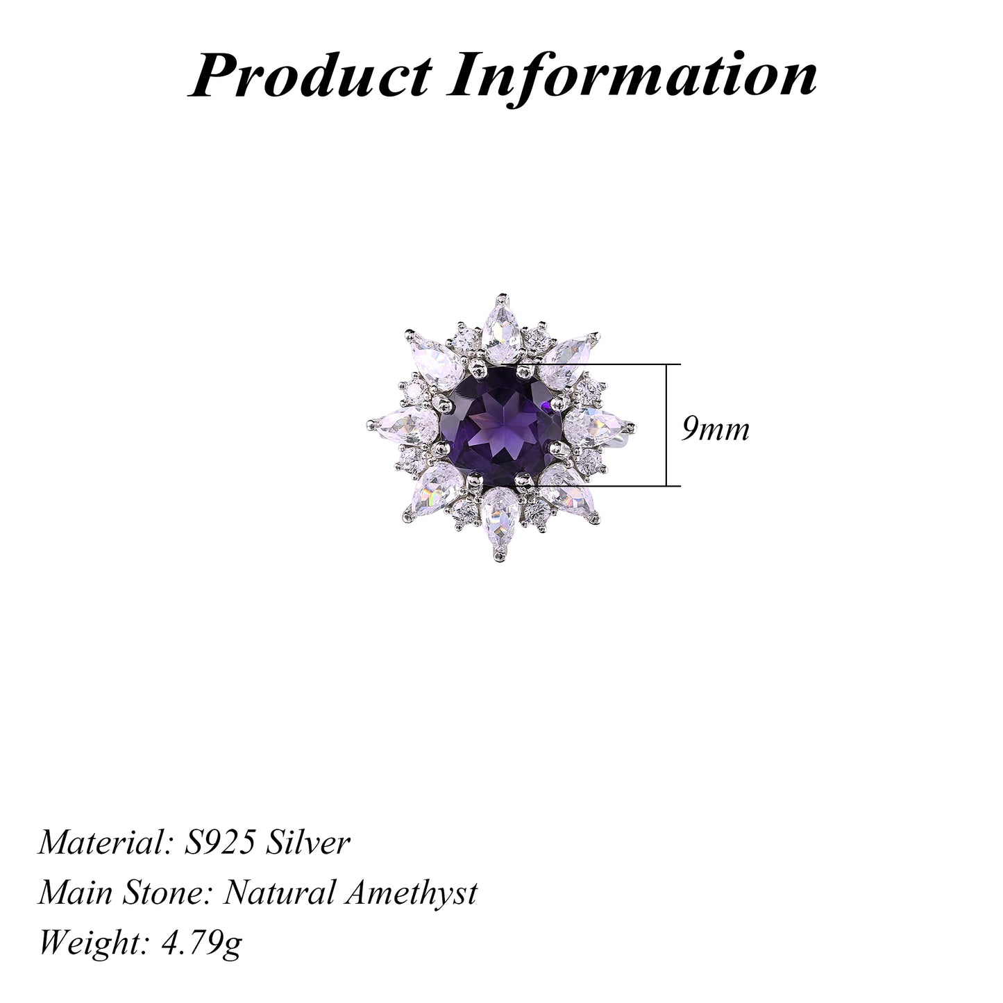 Exquisite Rhodium Plated 925 Silver Jewelry Natural Amethyst Flower Ring