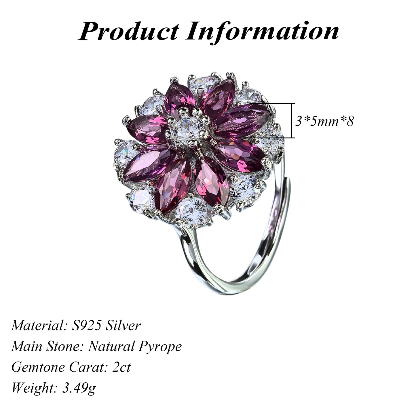Elegant Rhodium Plated 925 Silver Jewelry Natural Pyrope Flower Ring