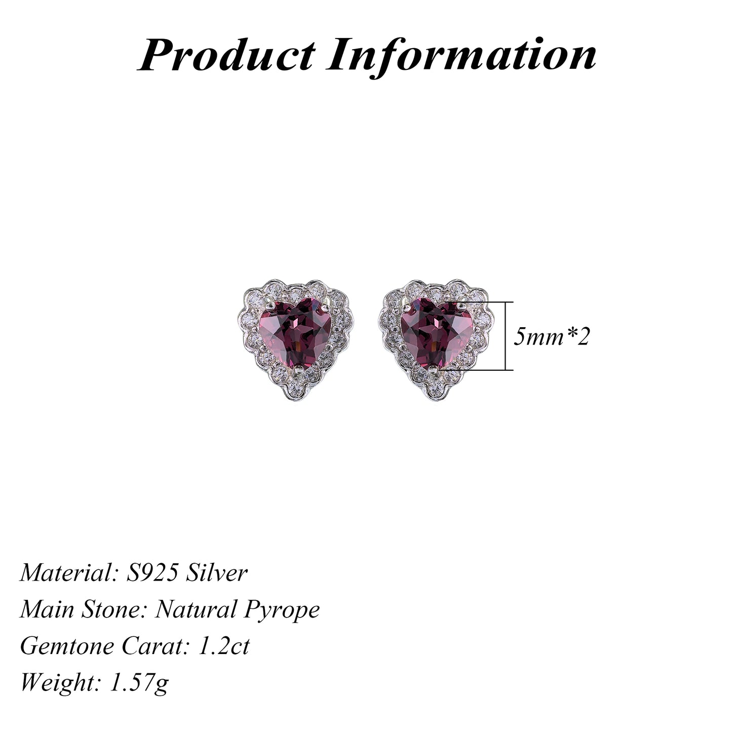 Elegant Rhodium Plated 925 Silver Jewelry Natural Pyrope Heart Stud Earrings