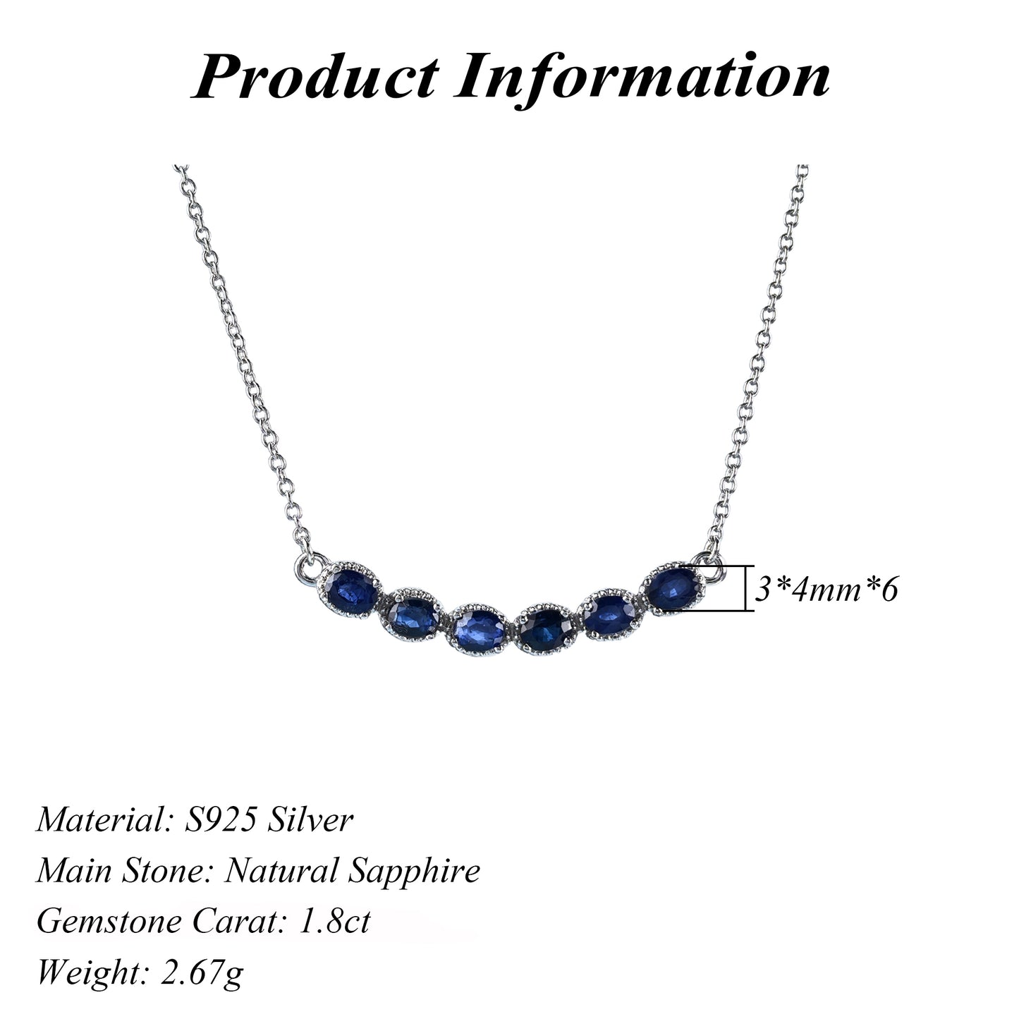 Elegant Rhodium Plated Silver 925 Jewelry Natural Sapphire Necklace