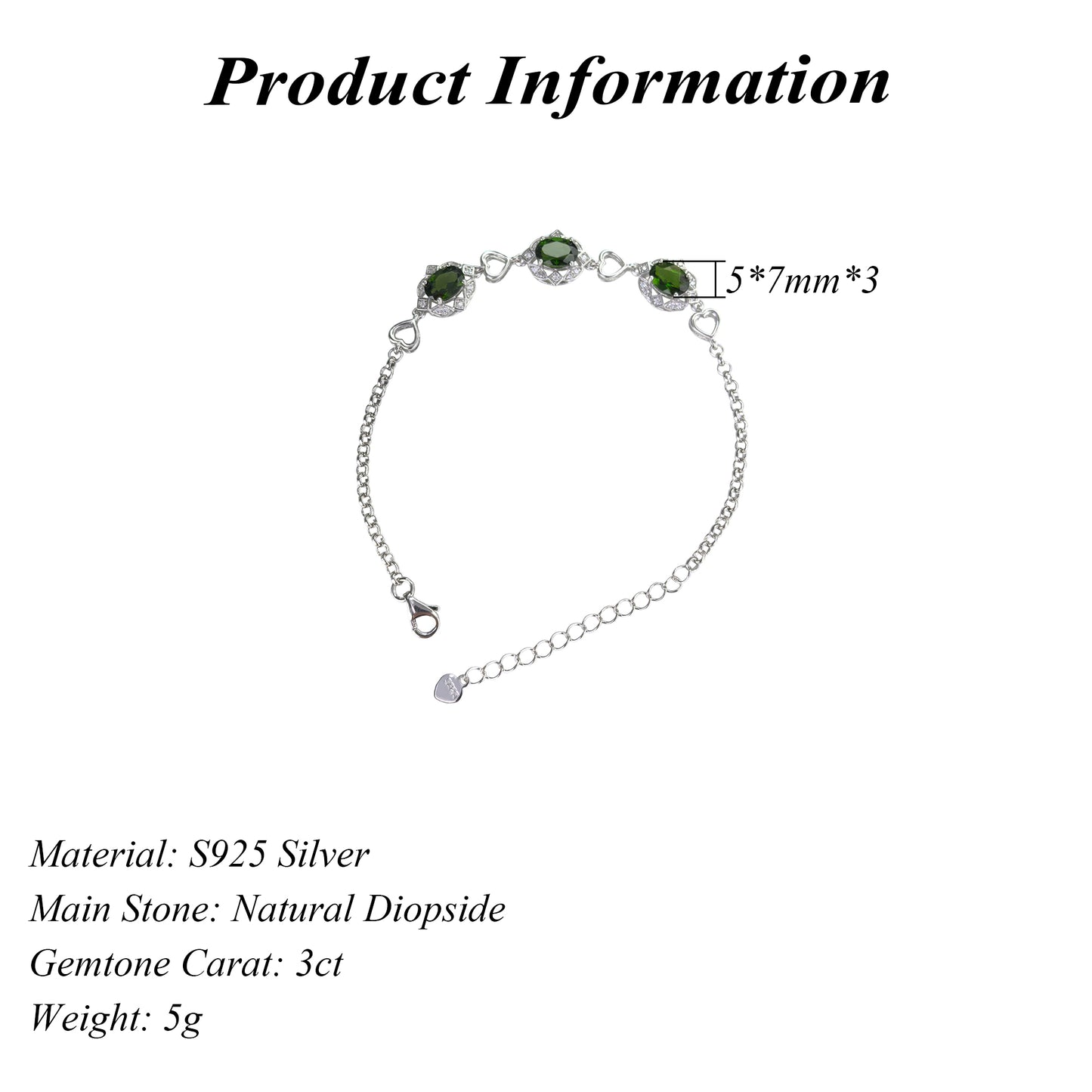 Elegant Rhodium Plated 925 Silver Natural Diopside Bracelet