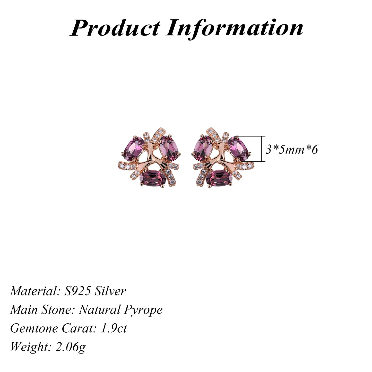 Delicate Rose Gold Plated Silver 925 Jewelry Natural Pyrope Stud Earrings