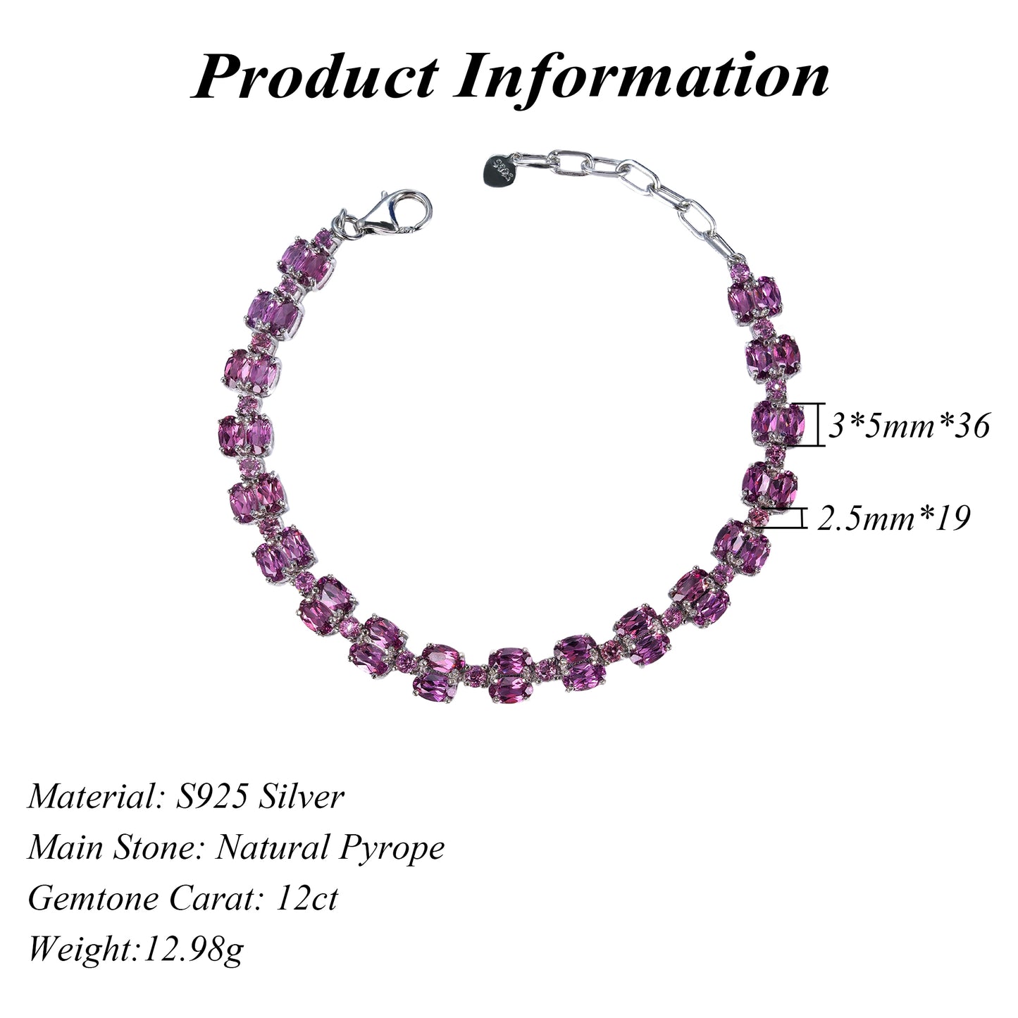 Delicate Rhodium Plated Silver 925 Jewelry Natural Pyrope Bracelet