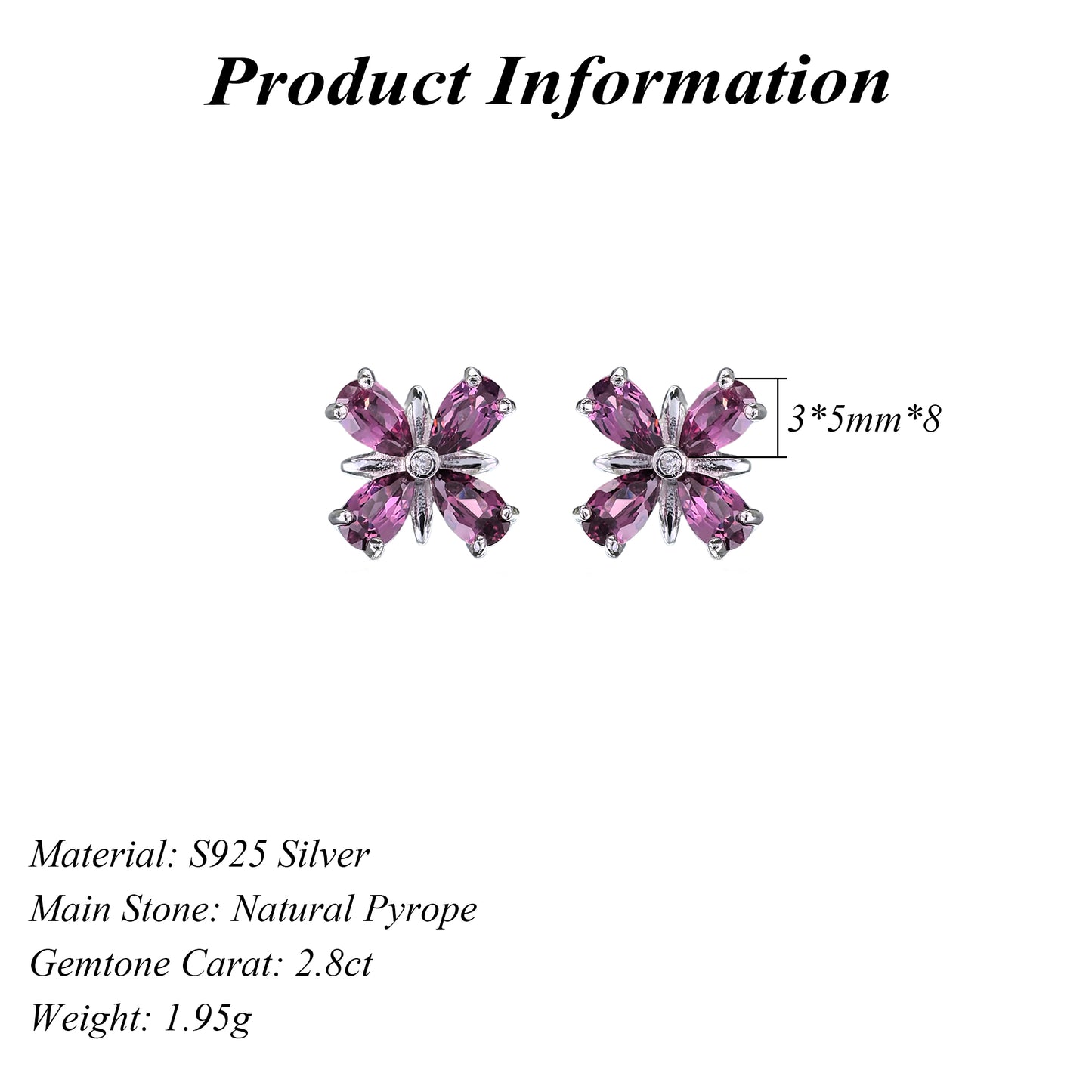 Exquisite Rhodium Plated 925 Silver Natural Pyrope Four Leaf Clover Stud Earrings