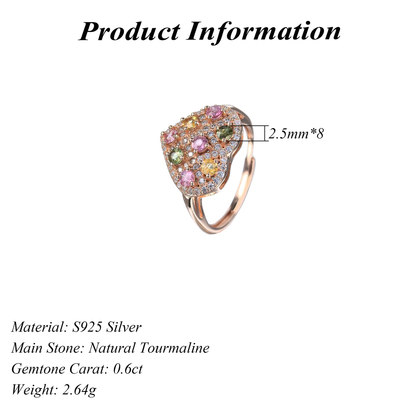 Delicate Rose Gold Plated 925 Silver Jewelry Natural Tourmaline Heart Ring