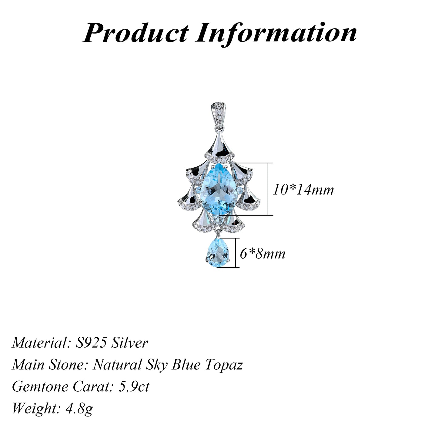 Elegant Rhodium Plated 925 Silver Pendant with Natural Sky Blue Topaz