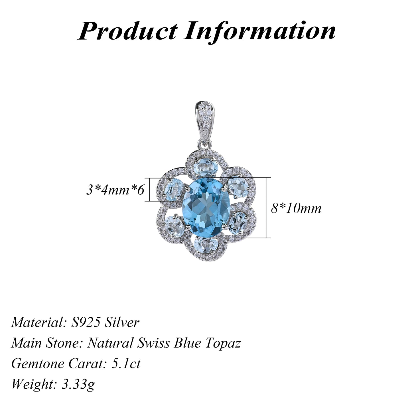 Elegant Rhodium Plated 925 Sterling Silver Natural Swiss Blue Topaz Flower Pendant