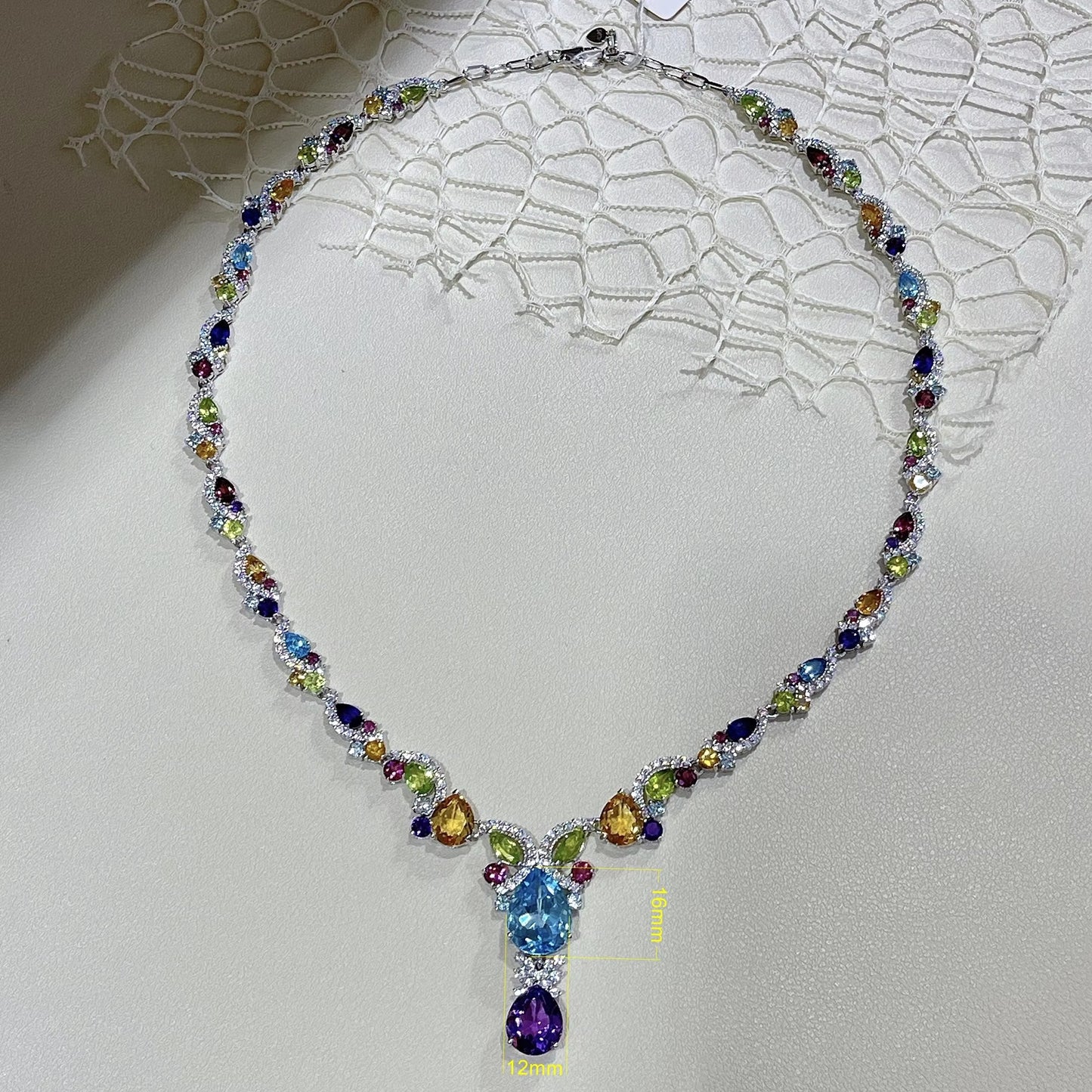 Luxurious Rhodium Plated Silver 925 Jewelry Multiple Natural Gemstone Necklace