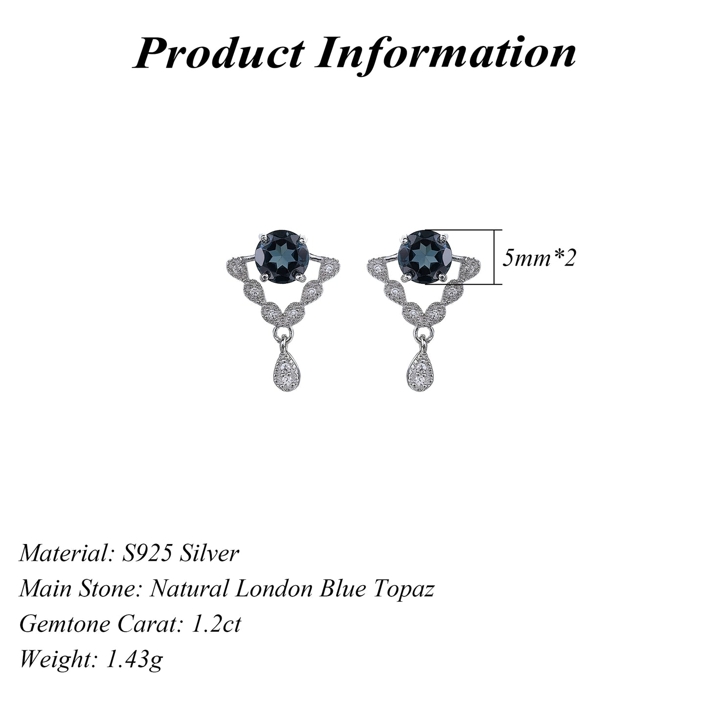 Dainty Rhodium Plated Silver 925 Jewelry Natural London Blue Topaz Drop Earrings
