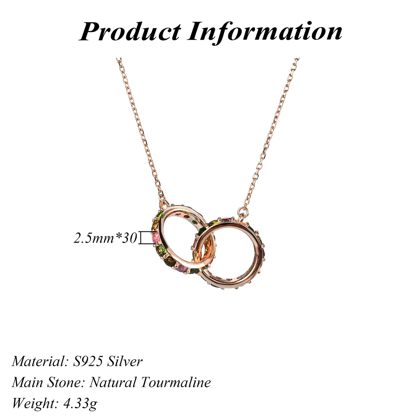 Exquisite Rose Gold Plated Silver 925 Jewelry Natural Tourmaline Necklace