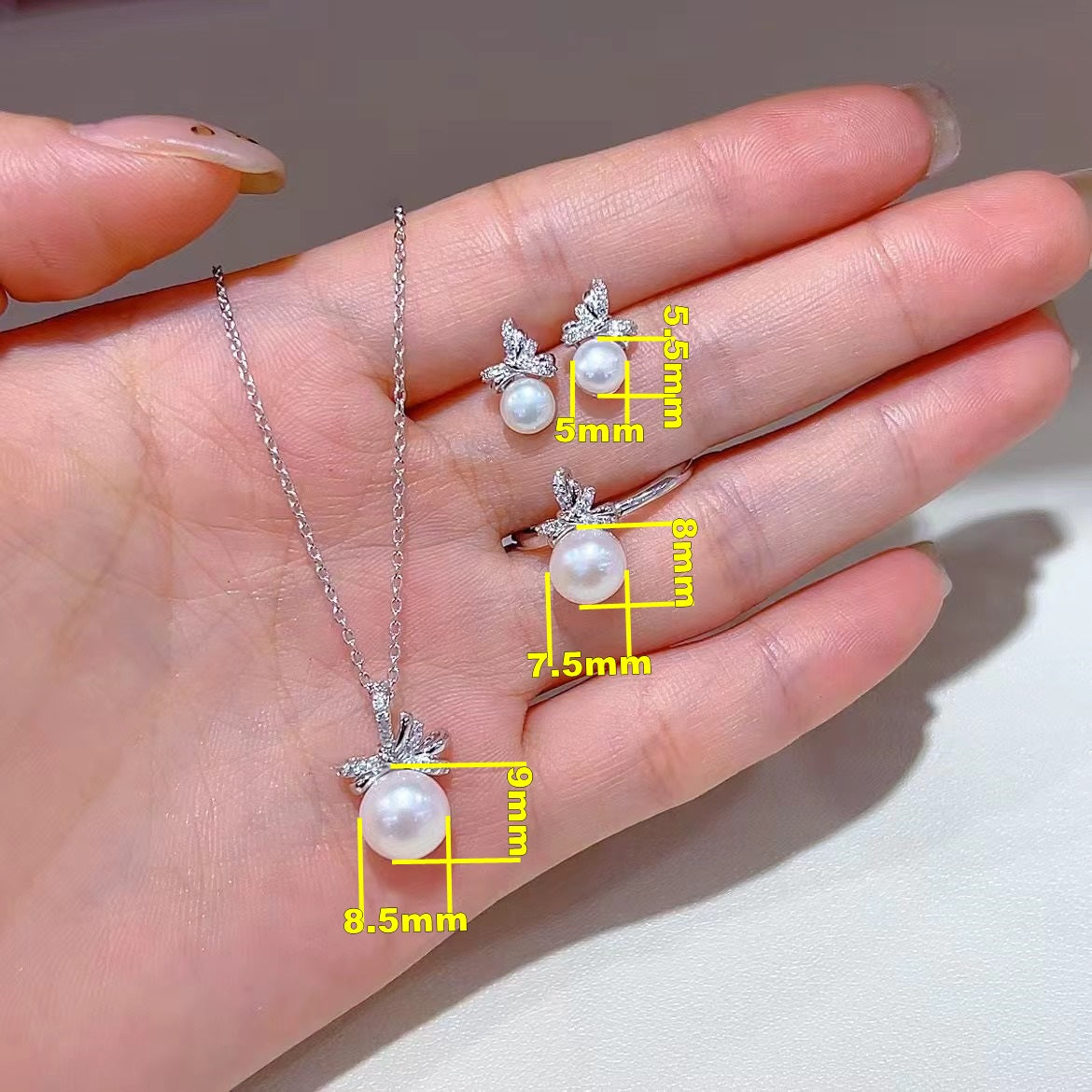 Graceful Rhodium Plated 925 Sterling Silver Freshwater Pearl Bow Jewelry Set