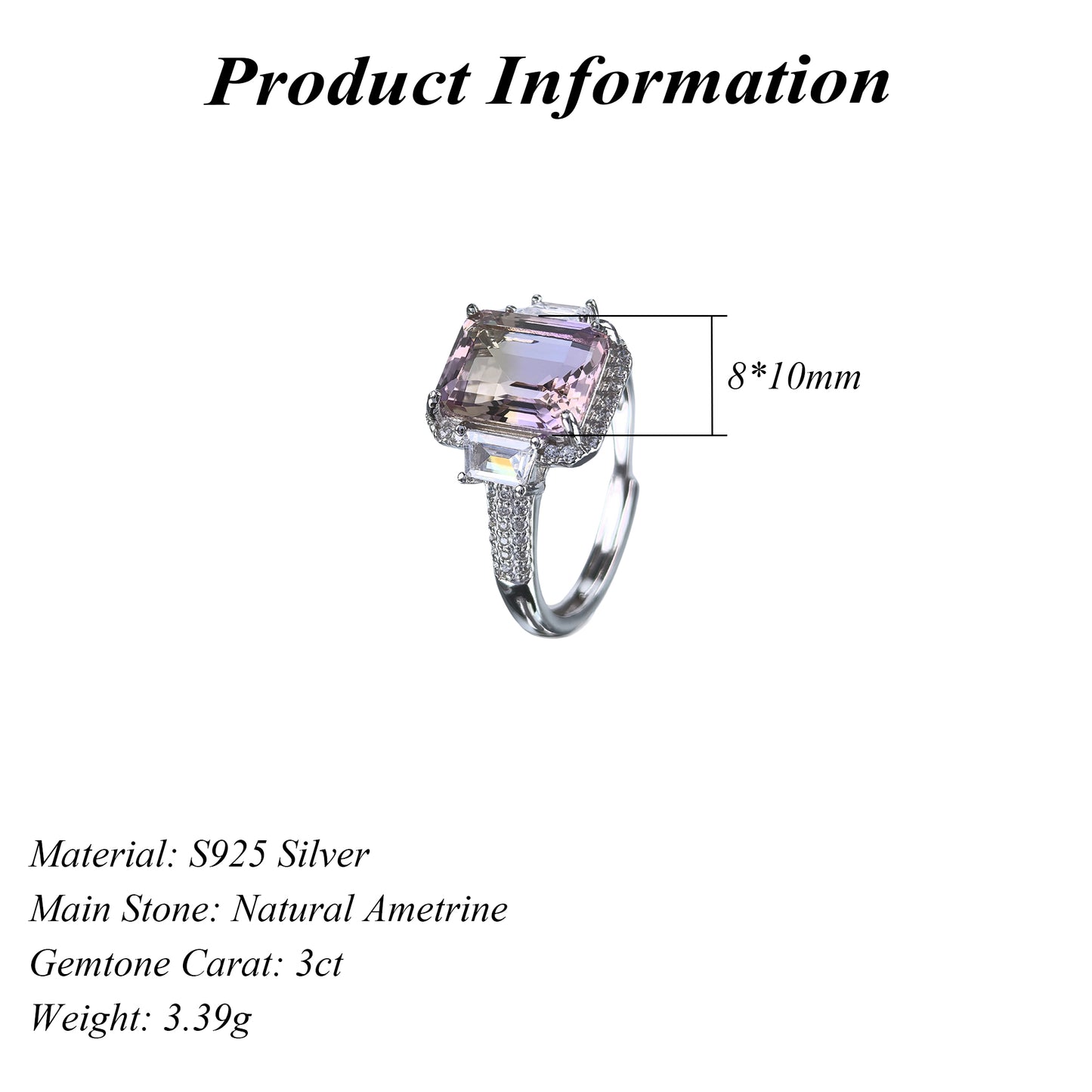 Delicate Rhodium Plated 925 Silver Jewelry Natural Ametrine Ring