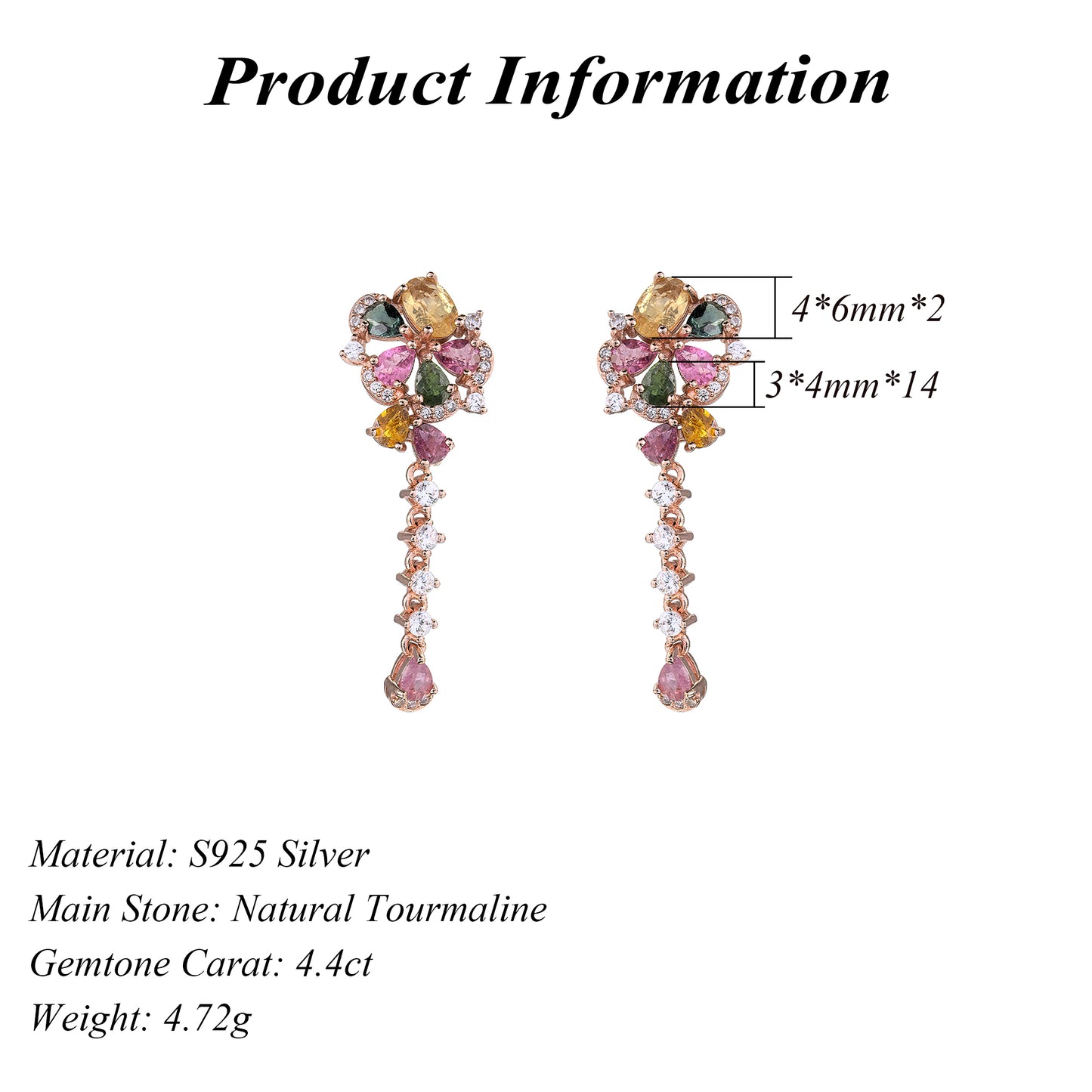 Exquisite Rose Gold Plated Silver 925 Jewelry Natural Tourmaline Flower Drop Earrings