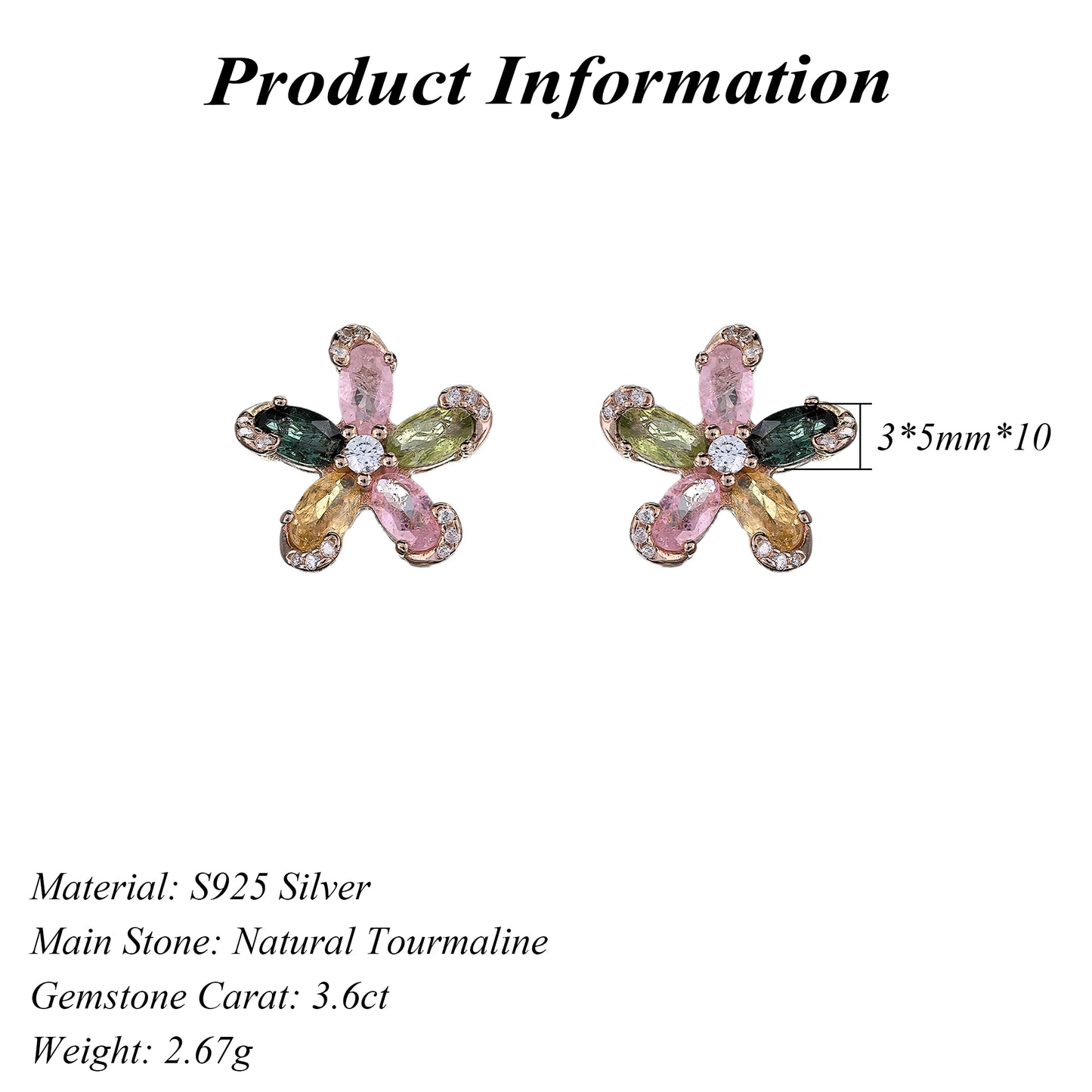 Elegant Rose Gold Plated 925 Sterling Silver Natural Tourmaline Flower Stud Earrings