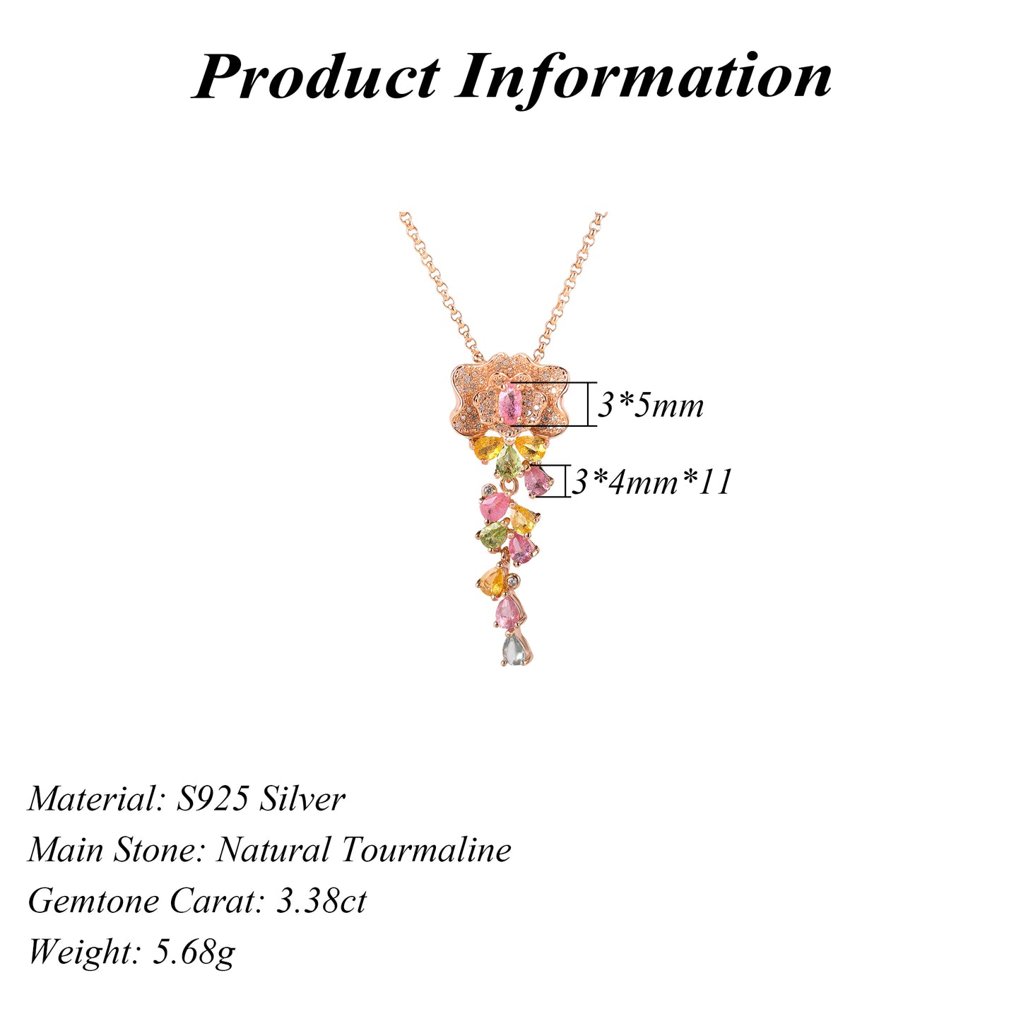 Graceful Rose Gold Plated 925 Silver Jewelry Natural Tourmaline Flower Necklace